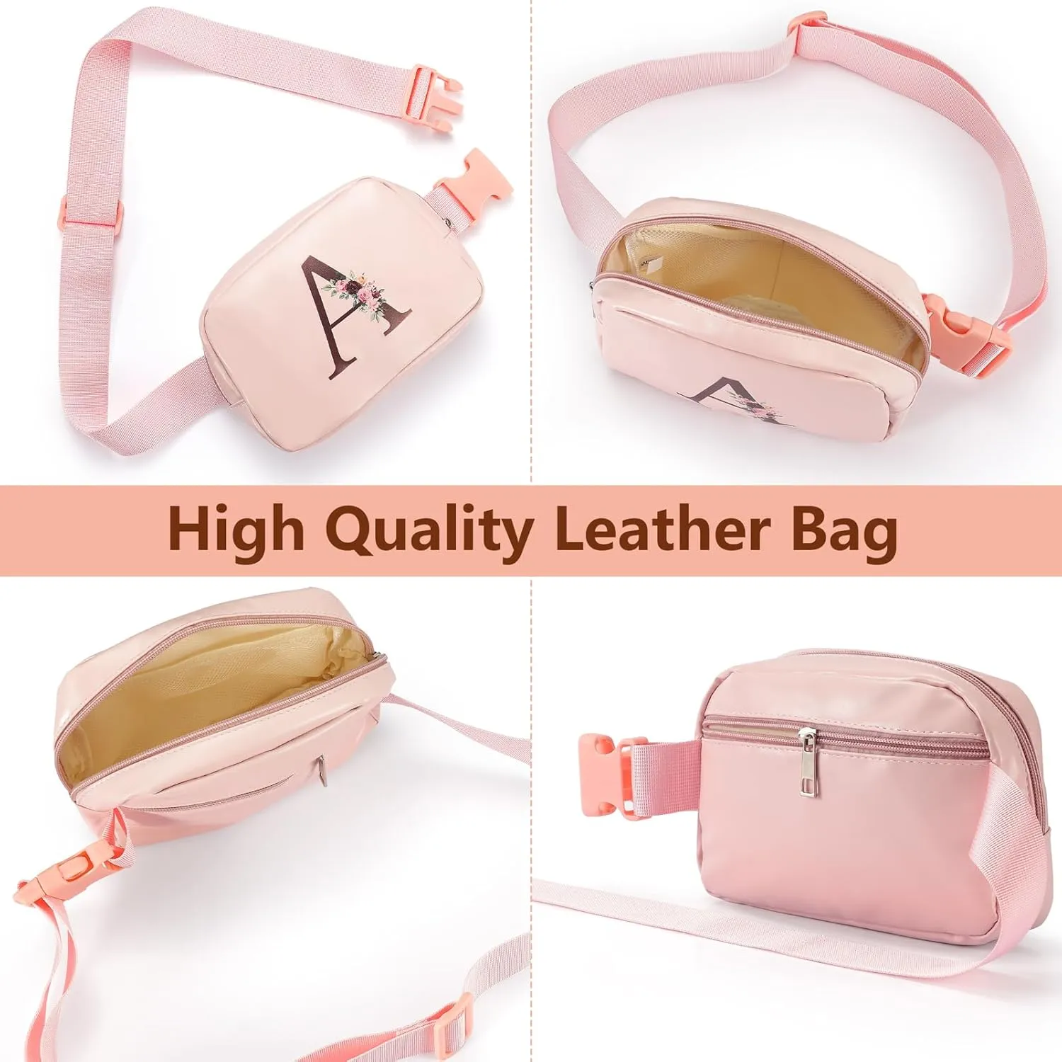 Belt Bag Fanny Pack for Women, Leather Belt Bag with Initial Letter Fashionable Crossbody Bag Waist Bag with Adjustable Strap for Traveling Hiking, Birthday Christmas Gifts for Women Girls Mom (A)