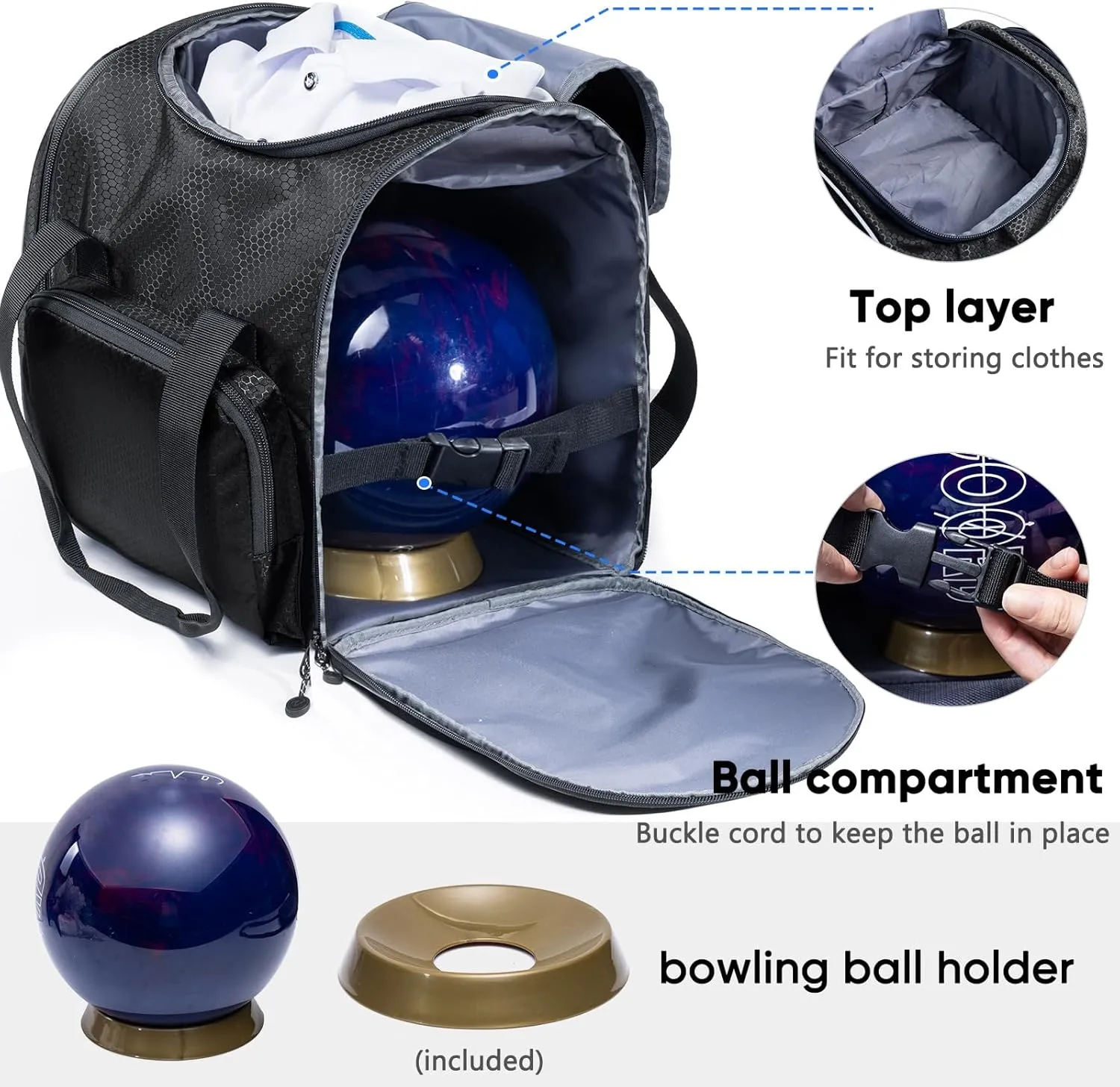 Bowling Ball Bag - Single Ball Tote with Cup Holder and Microfiber Polisher - Grey, Medium