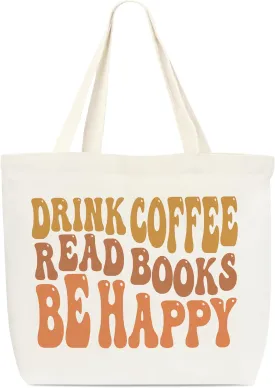 Canvas Tote Bag, Drink Coffee Read Books Totes For Book Lovers, Library Tote Bag, Reusable Grocery Shopping Bag, Library Shoulder Bag For Women Friend Coffee Lover Bookworm A(06)