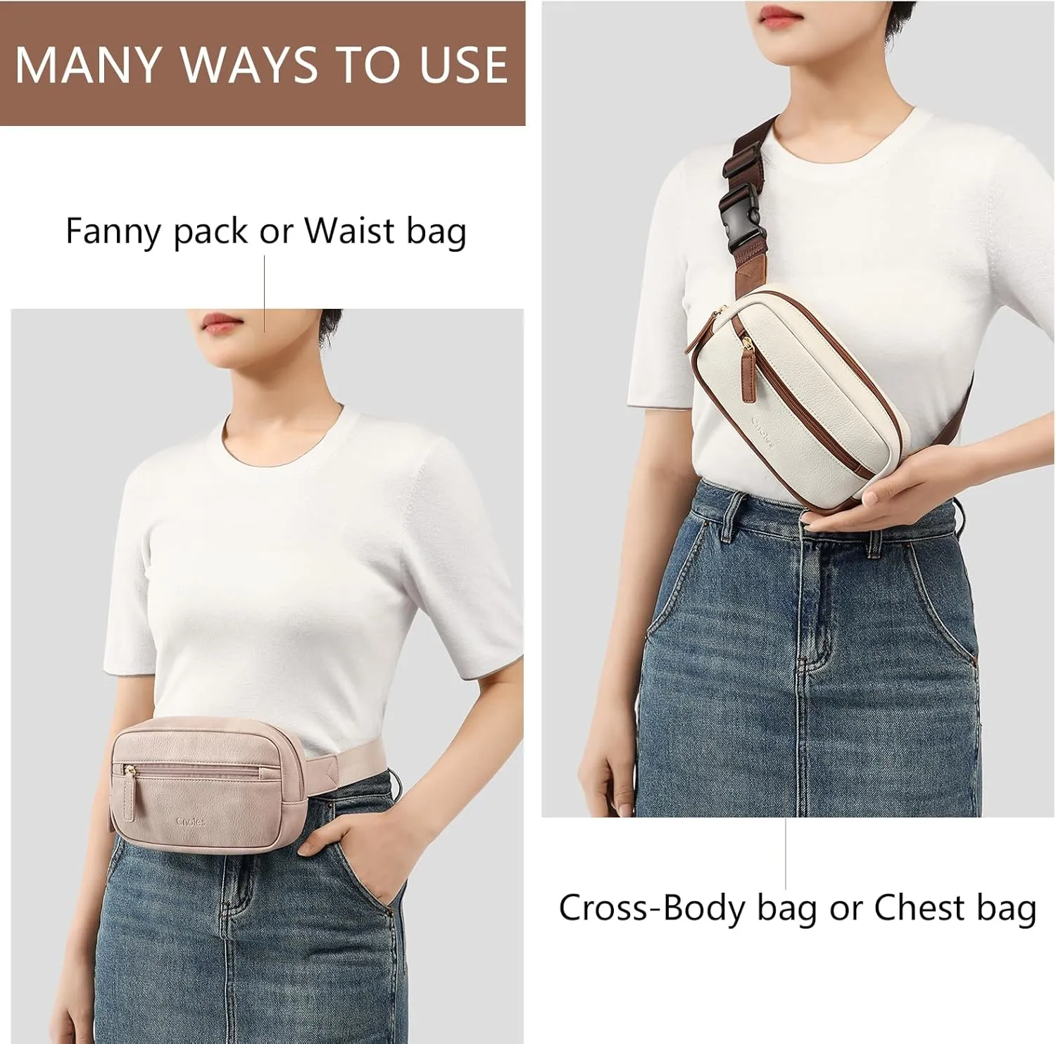 Cnoles Belt Bag for Women Fashion Waist Bag Vegan Leather Fanny Pack Crossbody Bags for Women With Adjustable Straps Brown