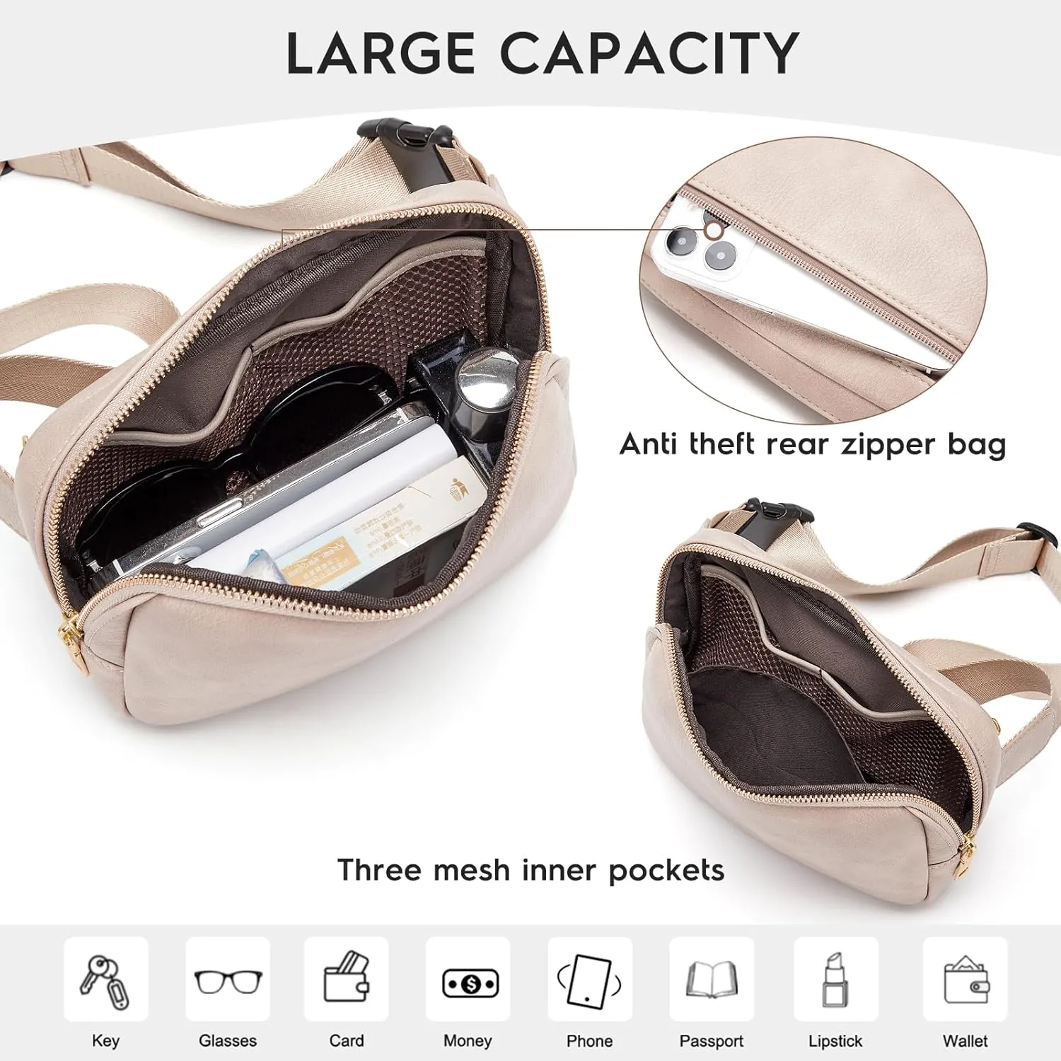 Cnoles Belt Bag for Women Fashion Waist Bag Vegan Leather Fanny Pack Crossbody Bags for Women With Adjustable Straps Dary Grey