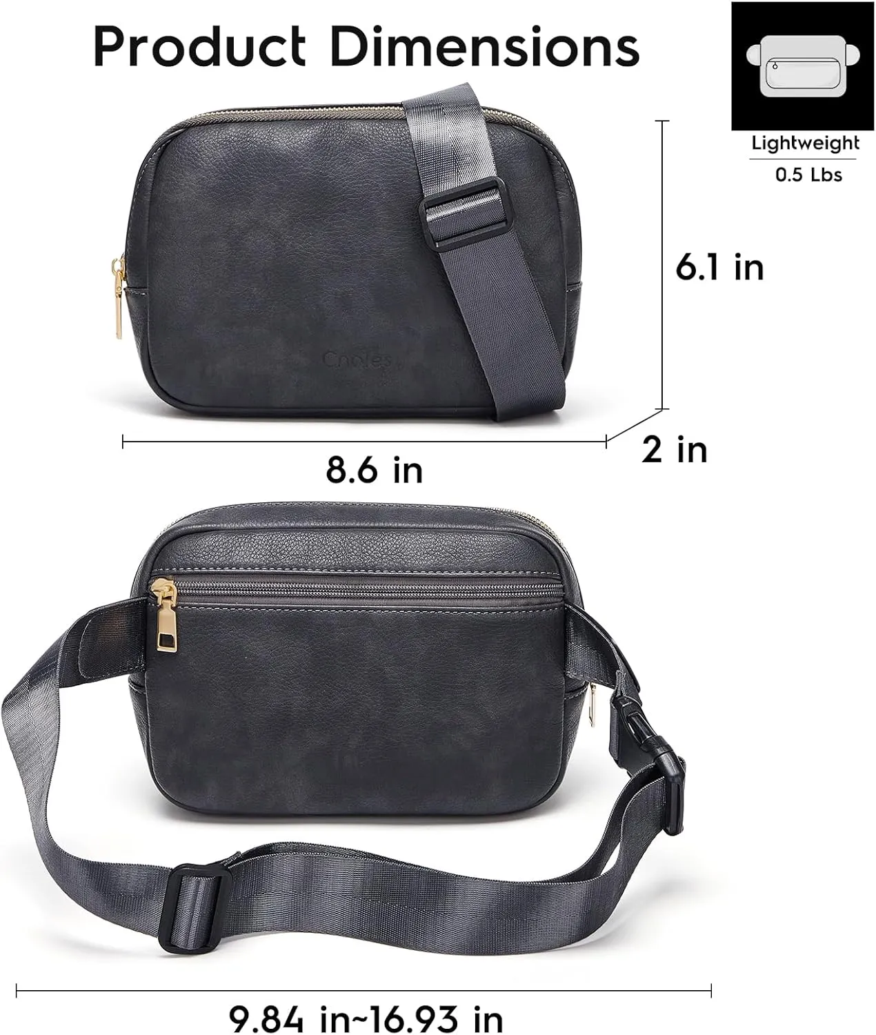 Cnoles Belt Bag for Women Fashion Waist Bag Vegan Leather Fanny Pack Crossbody Bags for Women With Adjustable Straps Dary Grey