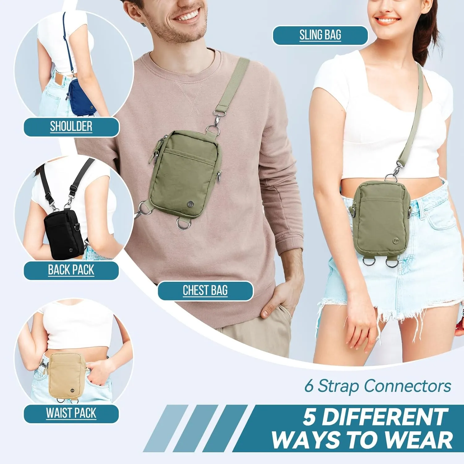 Crossbody Bag Sling bag for Women Men with RFID Card Slot - 5in1 Fanny Packs for Women Cross Body with 2 Adjustable Straps