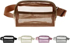 Crossbody Fanny Pack for Women, Mini Belt Bag 1L with Adjustable Strap 32" to 51", Small Waist Bag for Travel Running (Clear & Brown)