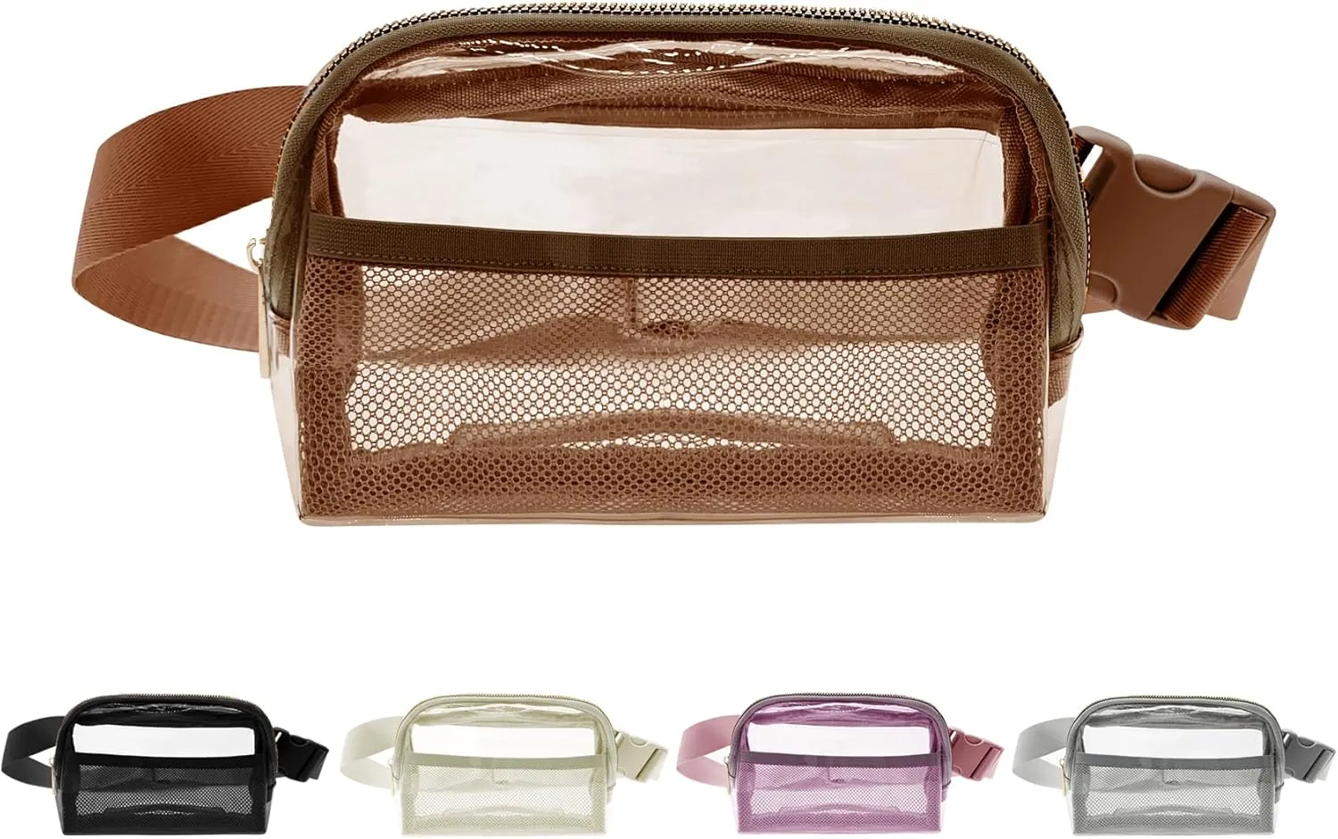 Crossbody Fanny Pack for Women, Mini Belt Bag 1L with Adjustable Strap 32" to 51", Small Waist Bag for Travel Running (Clear & Brown)