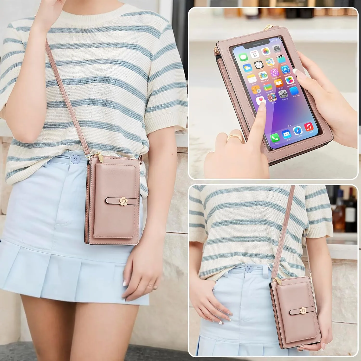 DOB SECHS Leather Small Phone Wallet Purse Cross Body for Women with Mini Coin Bag Pouch Travel Side Purses