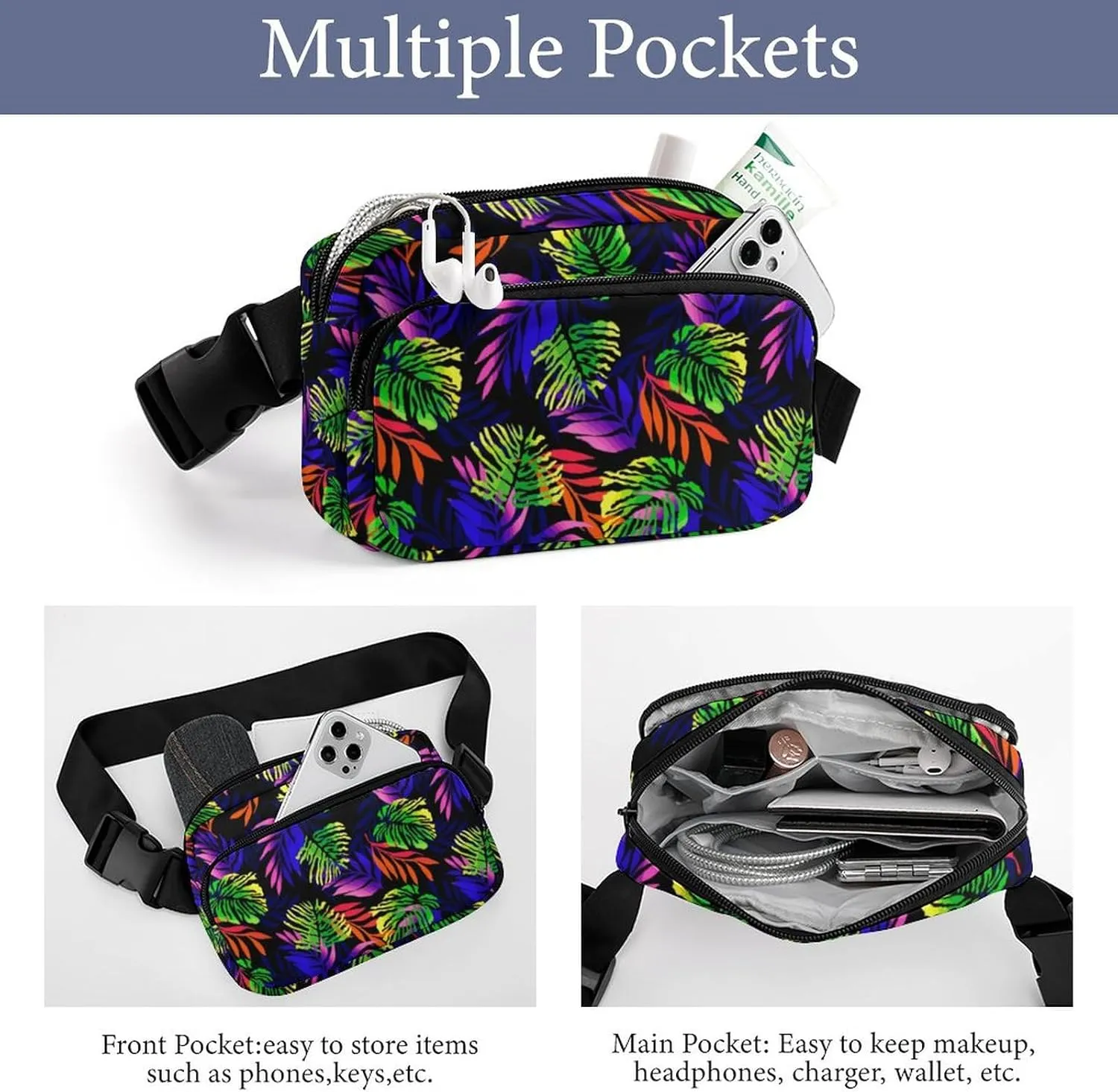 Fanny Pack for Women Men Tropical Floral Belt Bag Green Red Waist Pack Bum Bag for Running Cycling Hiking Travel Workout with Adjustable Strap