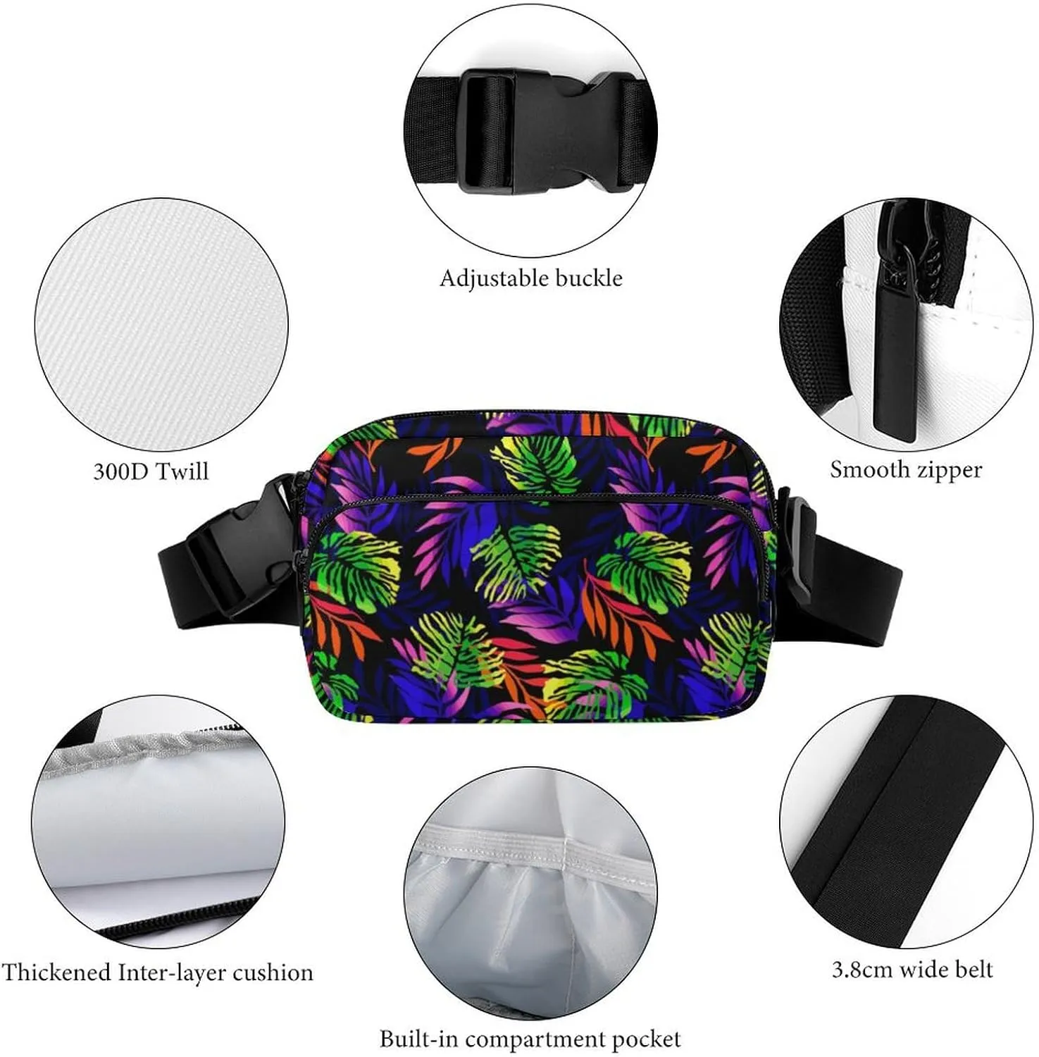 Fanny Pack for Women Men Tropical Floral Belt Bag Green Red Waist Pack Bum Bag for Running Cycling Hiking Travel Workout with Adjustable Strap