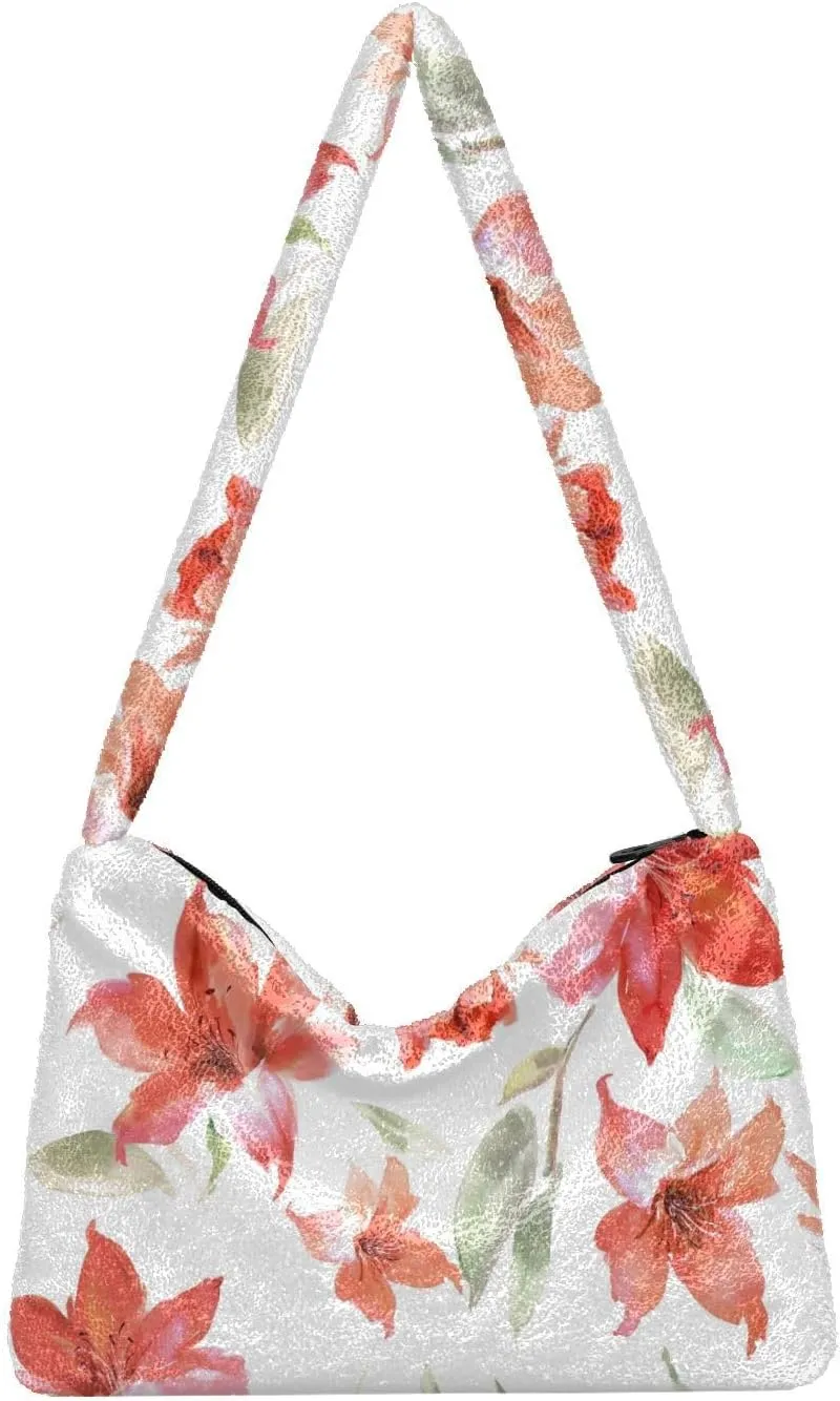 Fluffy Shoulder Bag Cute Plush Underarm Bags Women Ladies Tote Bag Girl Furry Purse Handbag for Autumn and Winter Blooming Meadow Flowers