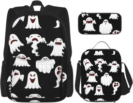 Funny White Ghost print 3-Piece Casual Backpack Set (Backpack   Waist Bag   Small Pouch), Unisex Daypack
