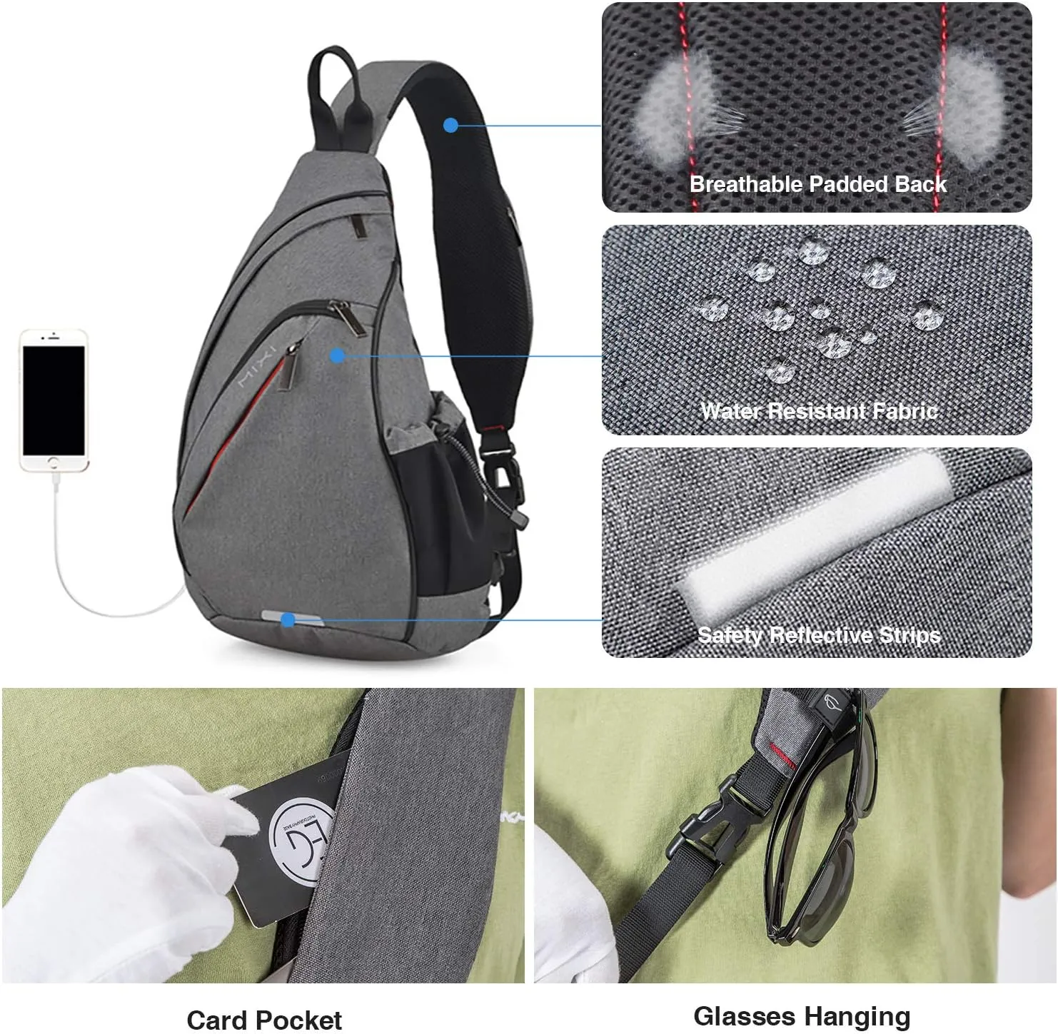 Hanke Sling Bag Men Backpack Unisex One Shoulder Bag Hiking Travel Backpack Crossbody with USB Port Versatile Casual Daypack