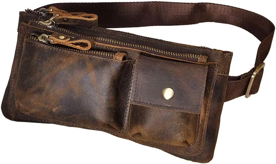 Hebetag Leather Waist Pack Fanny Bag Handbag for Men Women Hip Bum Belt Purse Travel Outdoor Running Hiking Camping Cell Phone Clutch Pouch Pocket (#04Deep Brown)