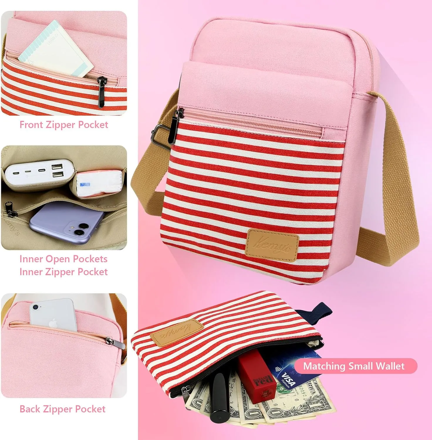 Kemy's Small Canvas Crossbody Bag for Teen Girls, Lightweight Messenger Shoulder Bags Cross Body Purse for Girls and Women