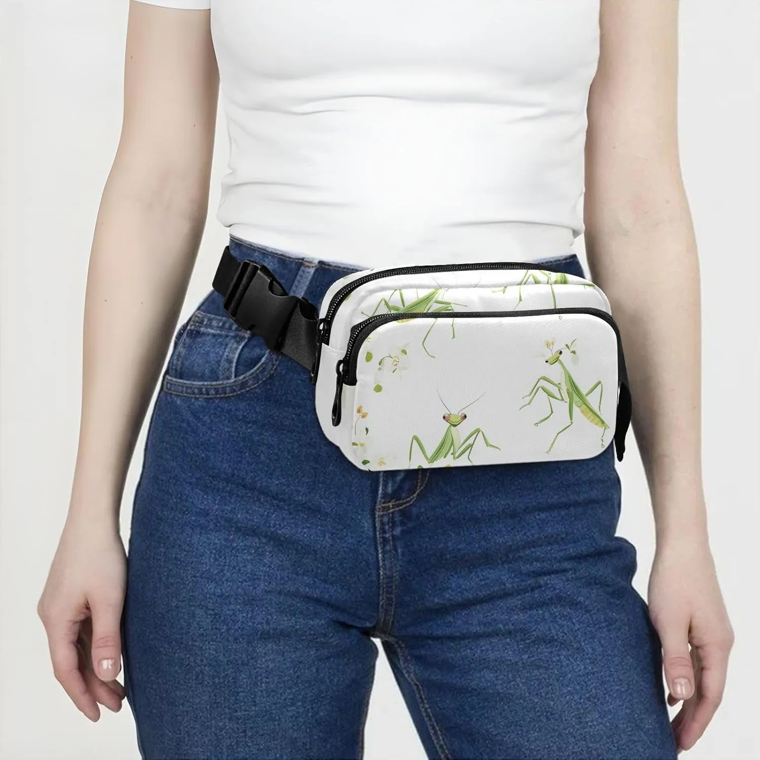 Large Capacity Fanny Pack, Cartoon Funny Mantis White, Women Men Waist Packs, Crossbody Sport Bags Bum Bag Belt with Adjustable Strap for Travel Running Hiking