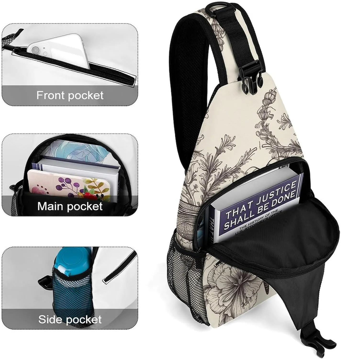 Lightweight Chest Bag Crossbody Bag Hand Drawn Floral Dragonfly Sling Backpack for Women Men Sports Travel
