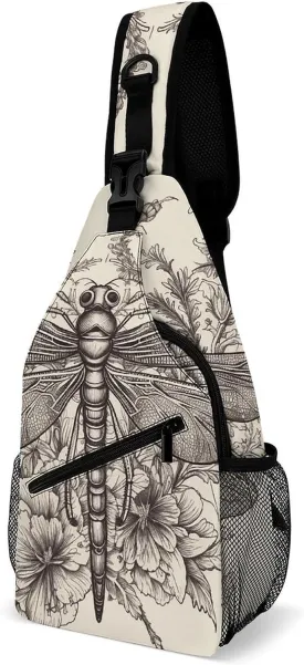 Lightweight Chest Bag Crossbody Bag Hand Drawn Floral Dragonfly Sling Backpack for Women Men Sports Travel