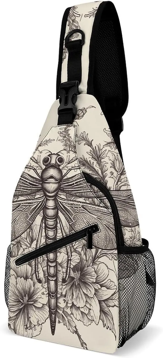 Lightweight Chest Bag Crossbody Bag Hand Drawn Floral Dragonfly Sling Backpack for Women Men Sports Travel