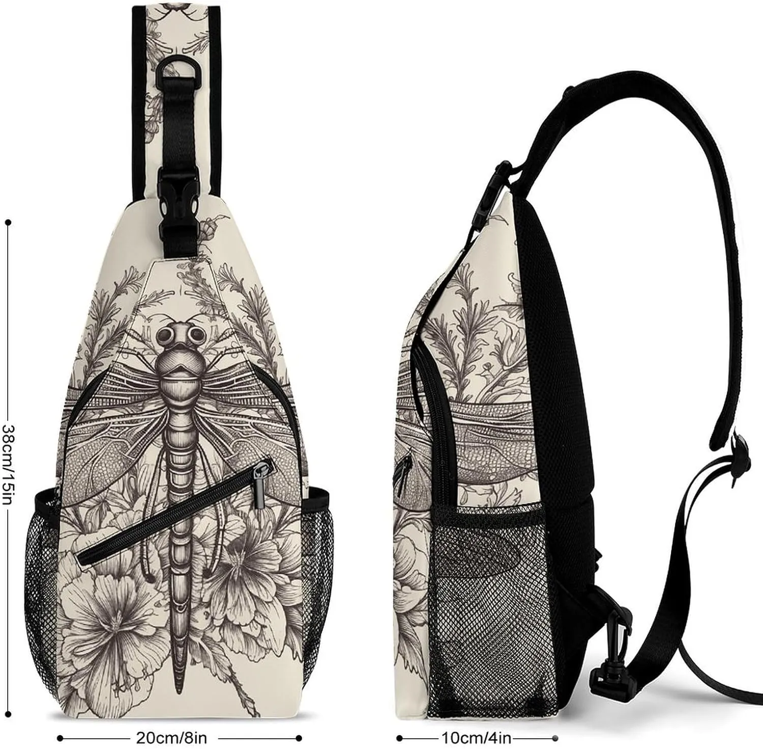 Lightweight Chest Bag Crossbody Bag Hand Drawn Floral Dragonfly Sling Backpack for Women Men Sports Travel