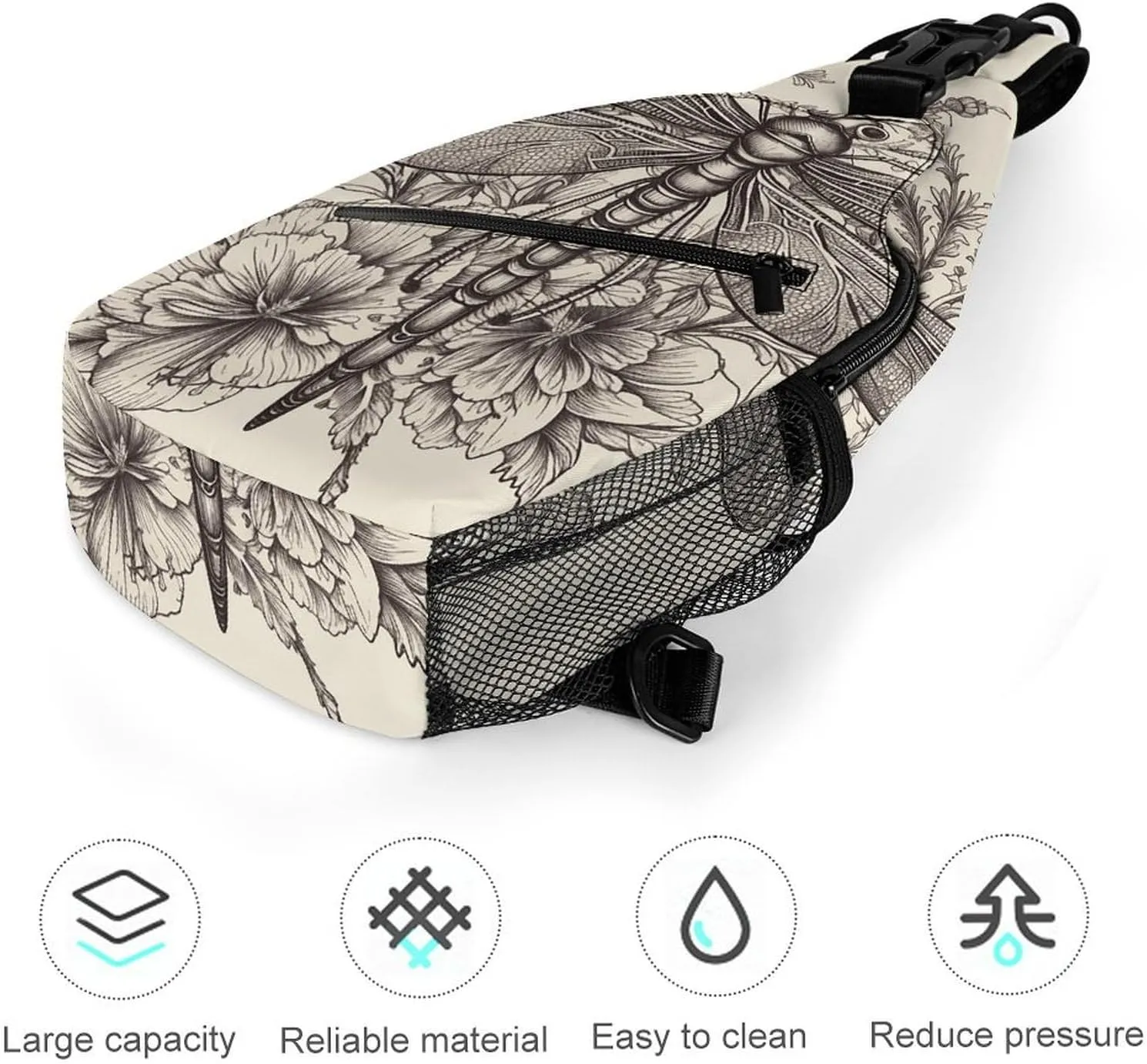 Lightweight Chest Bag Crossbody Bag Hand Drawn Floral Dragonfly Sling Backpack for Women Men Sports Travel