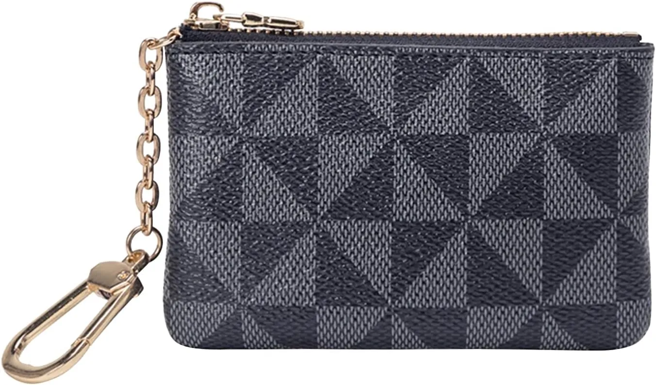 LJCZKA Coin Purse for Women Small Coin Pouch Card Holder Mini Top Zipper Change Purse Leather Wallet with Keychain (Black)