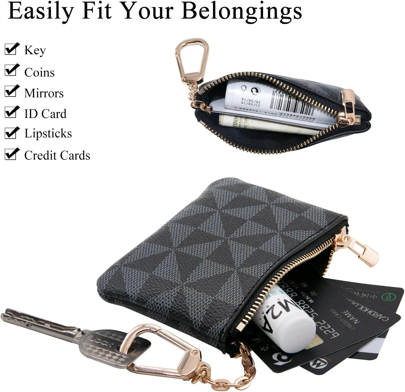 LJCZKA Coin Purse for Women Small Coin Pouch Card Holder Mini Top Zipper Change Purse Leather Wallet with Keychain (Black)