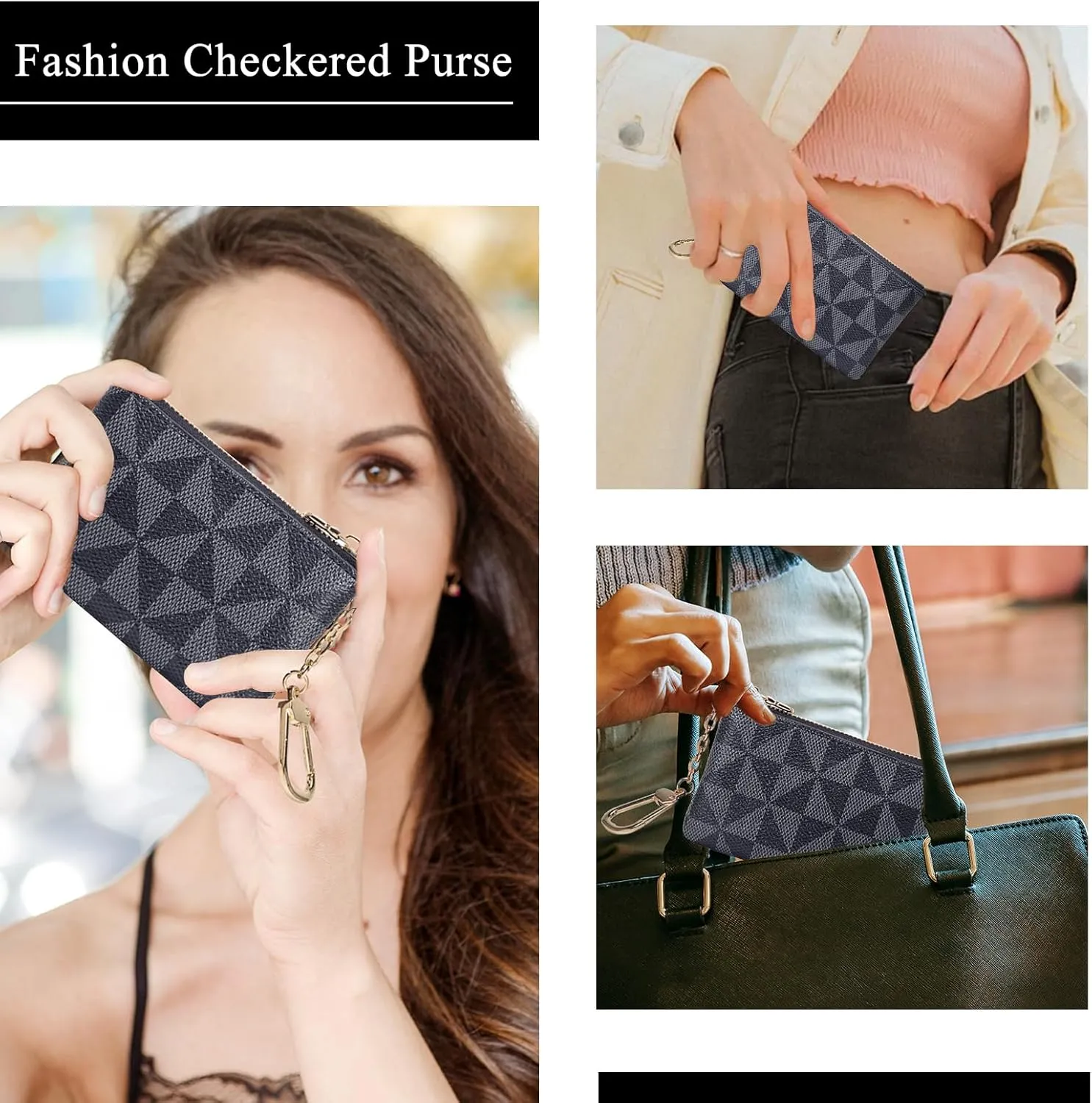 LJCZKA Coin Purse for Women Small Coin Pouch Card Holder Mini Top Zipper Change Purse Leather Wallet with Keychain (Black)