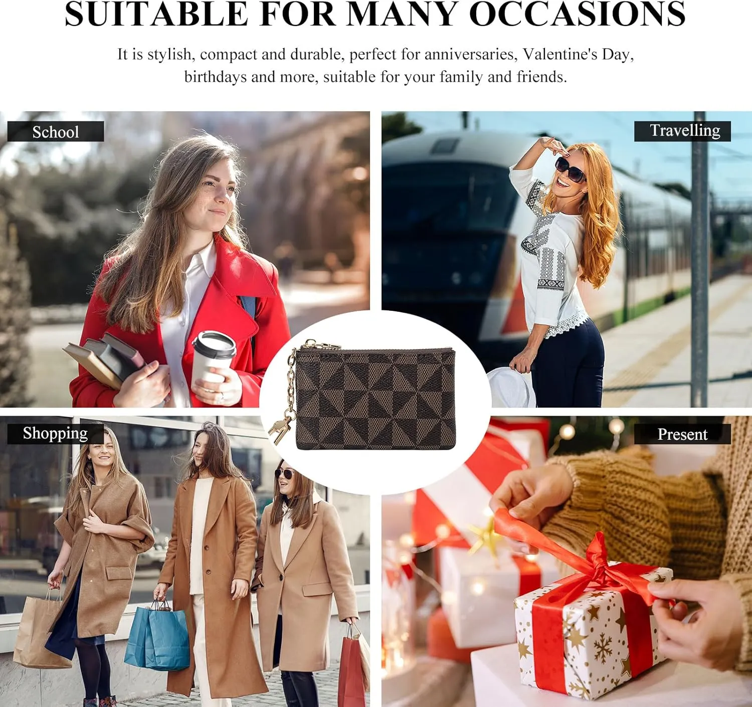 LJCZKA Coin Purse for Women Small Coin Pouch Card Holder Mini Top Zipper Change Purse Leather Wallet with Keychain (Coffee)