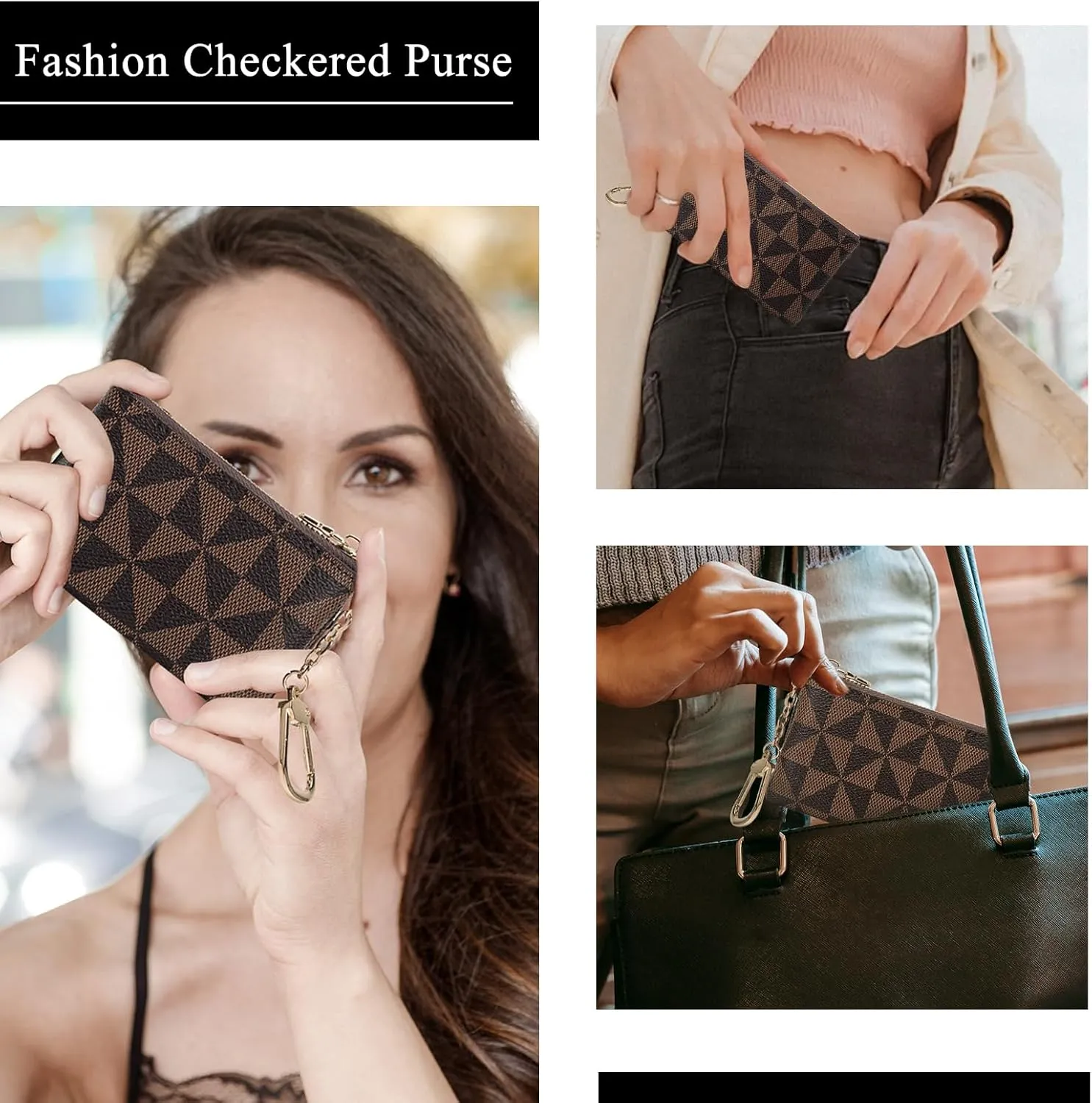 LJCZKA Coin Purse for Women Small Coin Pouch Card Holder Mini Top Zipper Change Purse Leather Wallet with Keychain (Coffee)