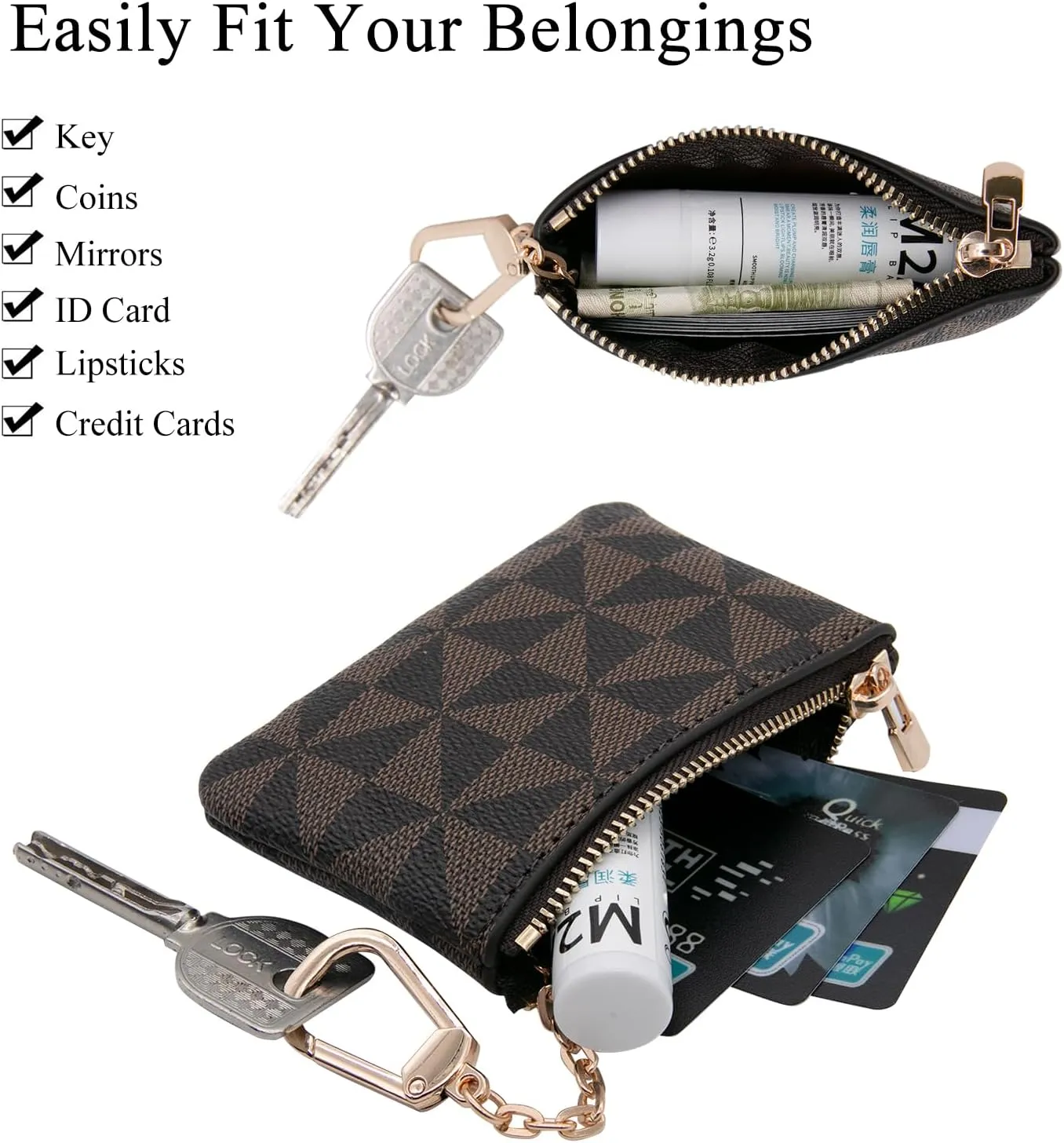 LJCZKA Coin Purse for Women Small Coin Pouch Card Holder Mini Top Zipper Change Purse Leather Wallet with Keychain (Coffee)