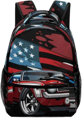 Muscle Car with American Flag Travel Backpack for Men Women Lightweight Computer Laptop Bag Casual Daypack