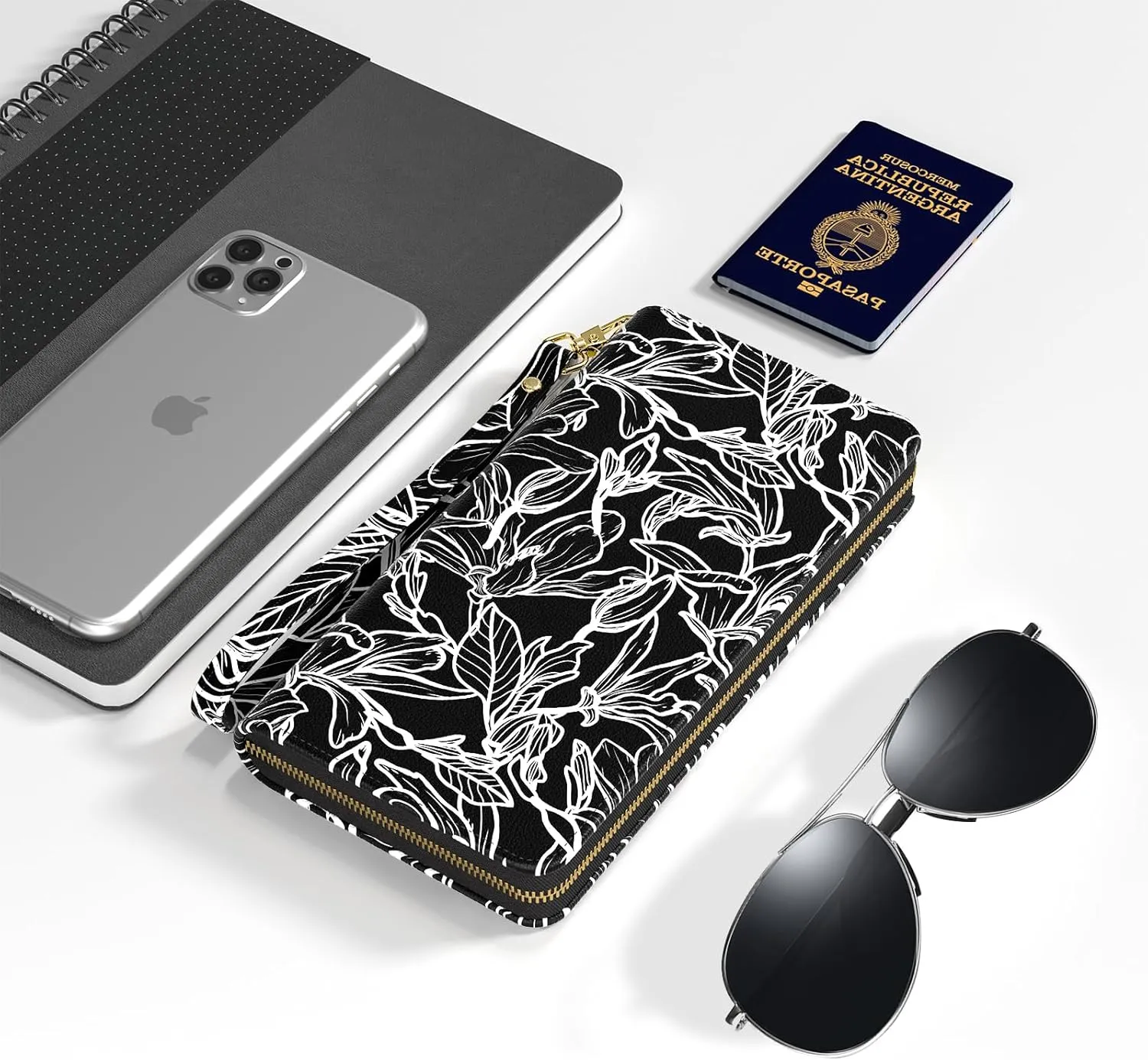 Nipichsha Womens Wallet, RFID Wristlet Wallet for Women, Cute Ladies Purse, Large Credit Card Clutch Purse, Leather Card Holder Wallets with Zipper & Phone Holder, Black White Leaf