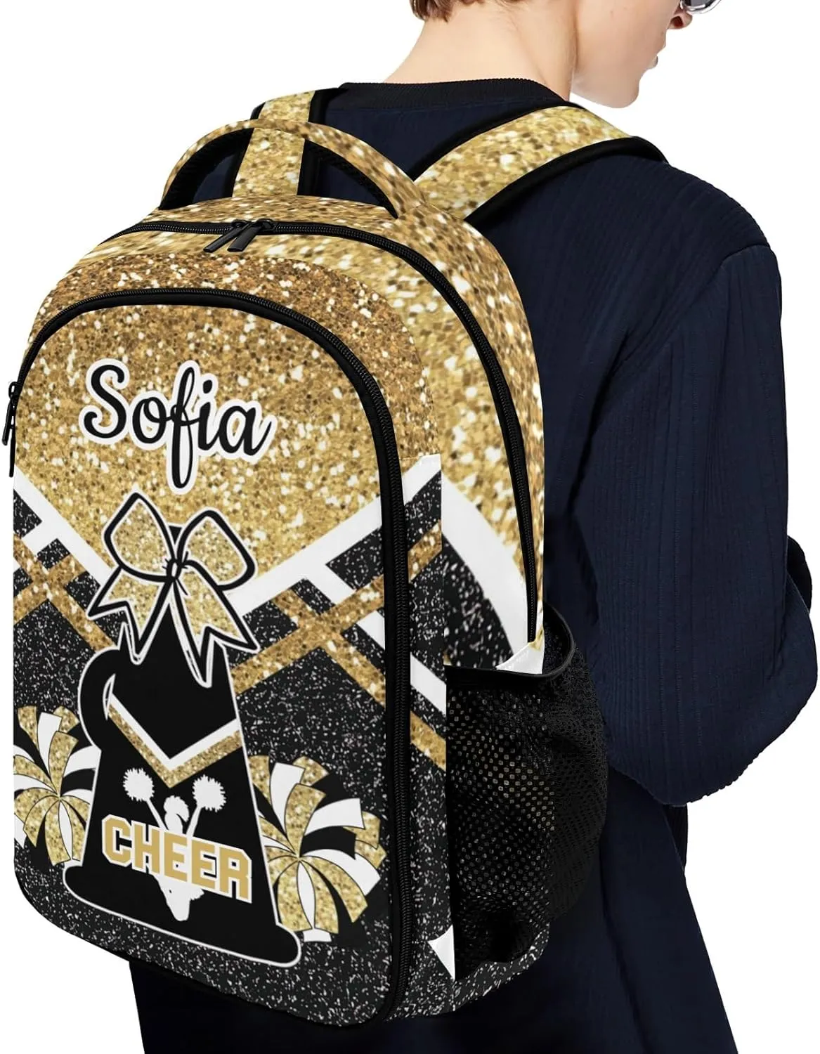 Personalized Cheerleaders Cheer Backpack with Name Gold Custom Cheerleading Laptop Backpack Travel Backpack for Women Men