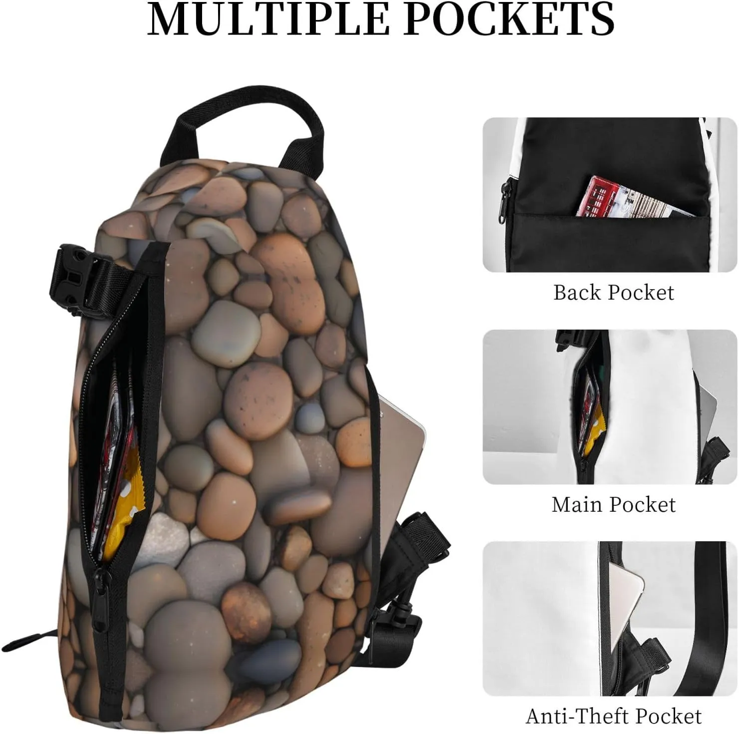 Polyester Fiber Waterproof Waist Bag -Backpack 4 Pocket Compartments Ideal for Outdoor Activities Pebbles in the beach