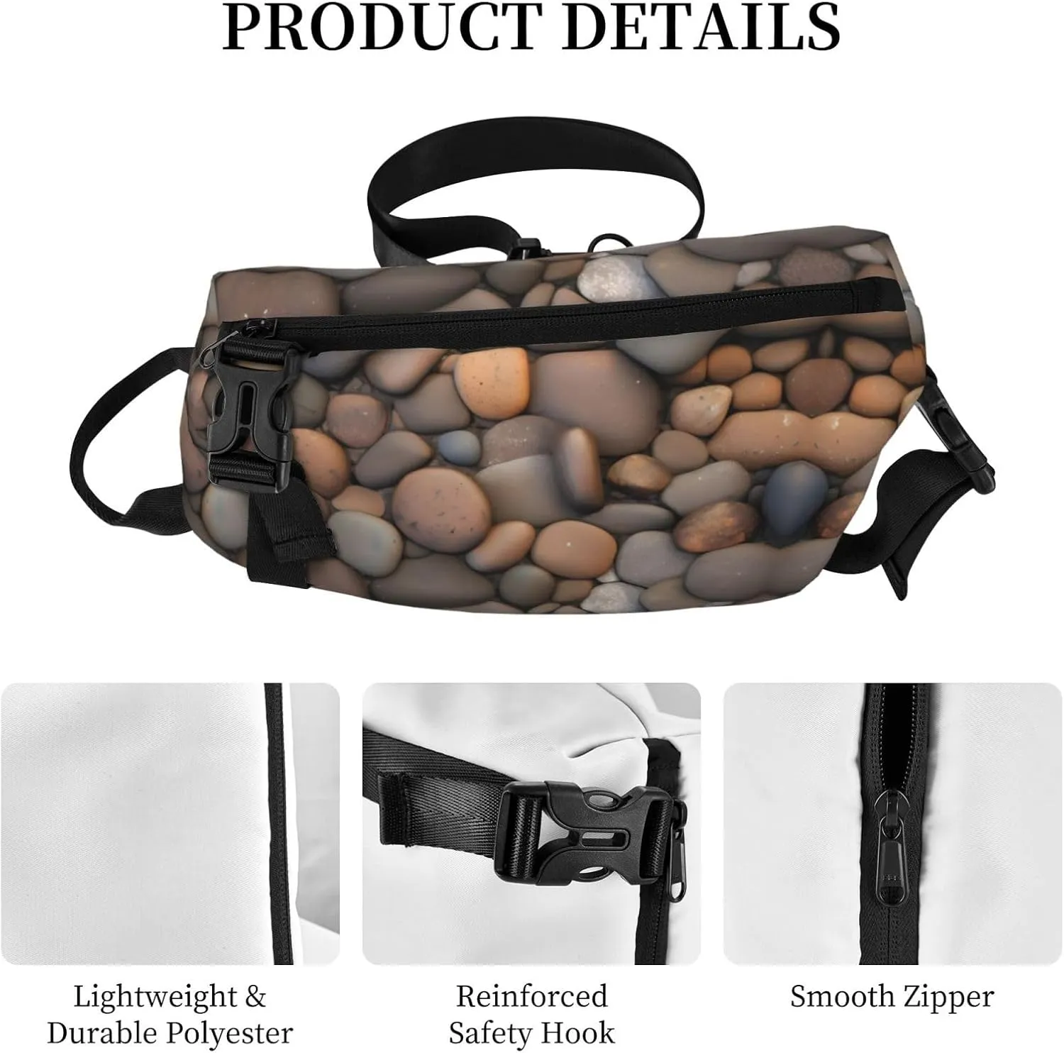 Polyester Fiber Waterproof Waist Bag -Backpack 4 Pocket Compartments Ideal for Outdoor Activities Pebbles in the beach