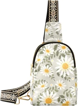 Sling Bag Leather Crossbody Bags White Daisy Flowers Wreath Ivy Style Waist Packs Fanny Pack Chest Bag Travel Purse for Women Traveling Daily Shopping