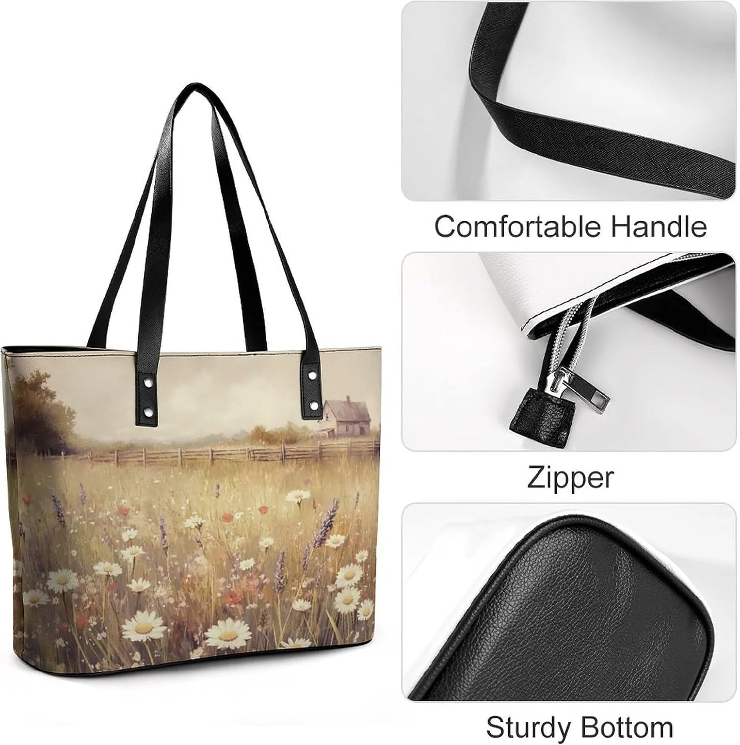 Spring Meadow Dirt Path Flowers Landscape Women Soft Leather Handbags Tote Purses Shoulder Bucket Bags