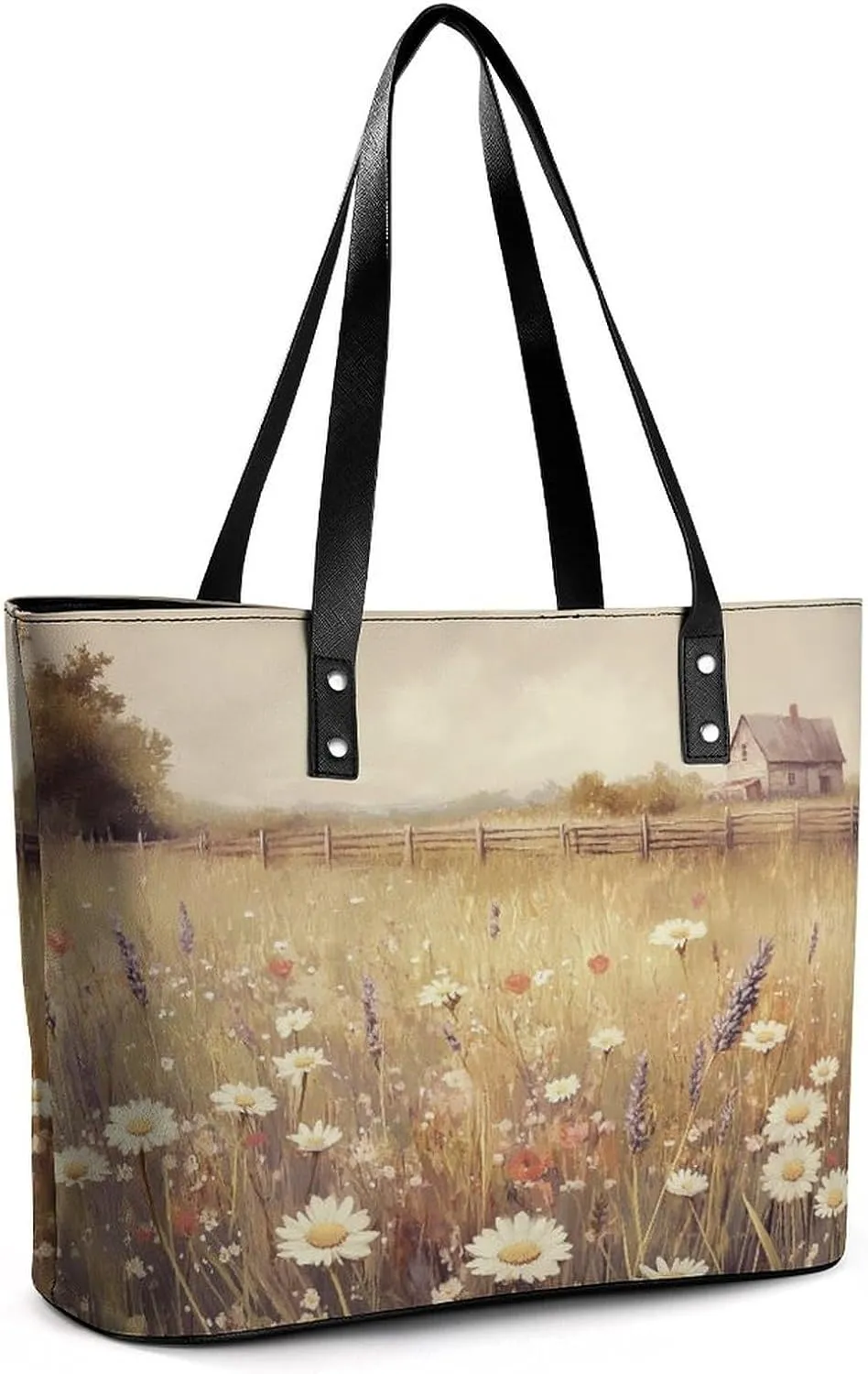 Spring Meadow Dirt Path Flowers Landscape Women Soft Leather Handbags Tote Purses Shoulder Bucket Bags