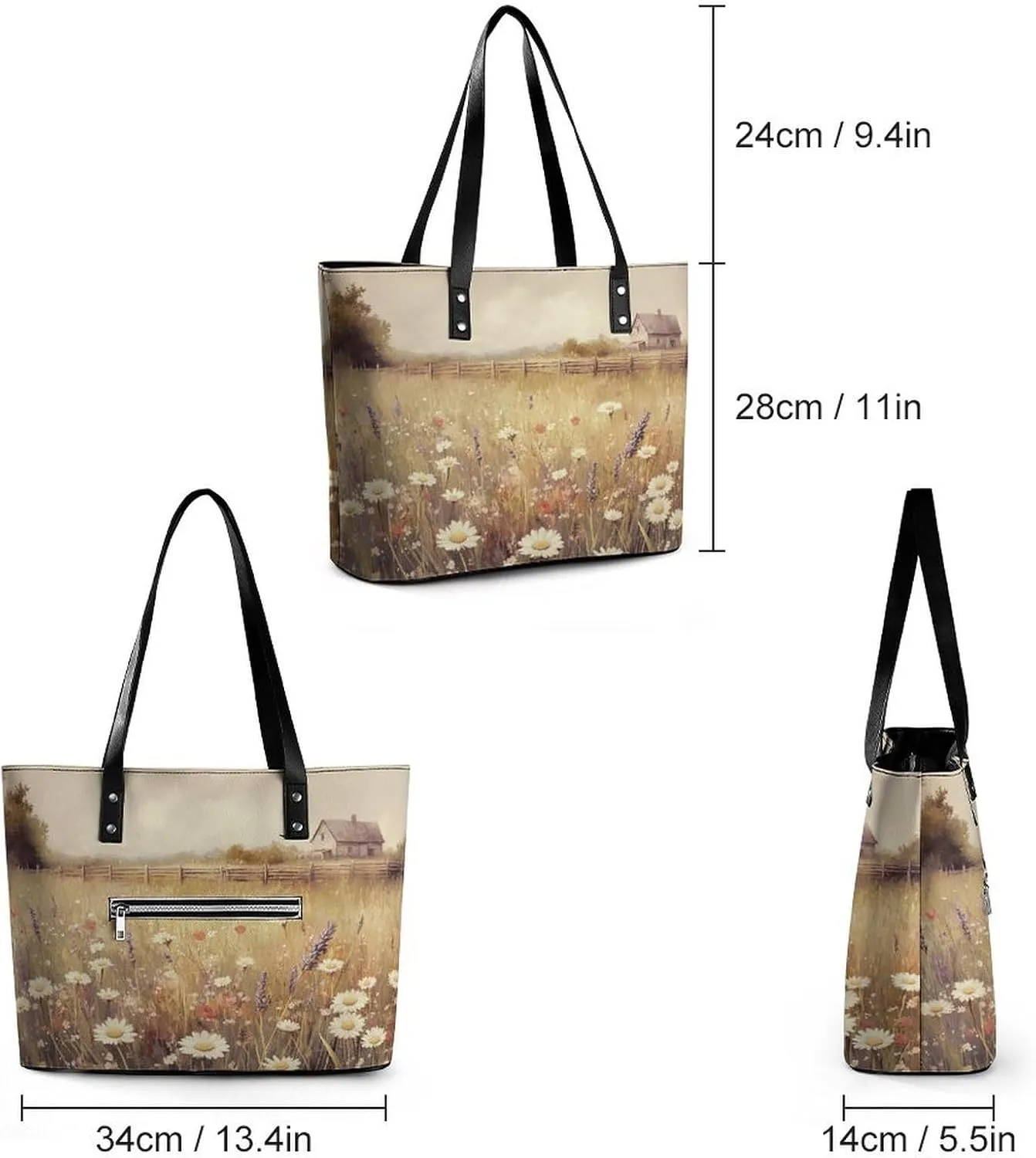 Spring Meadow Dirt Path Flowers Landscape Women Soft Leather Handbags Tote Purses Shoulder Bucket Bags