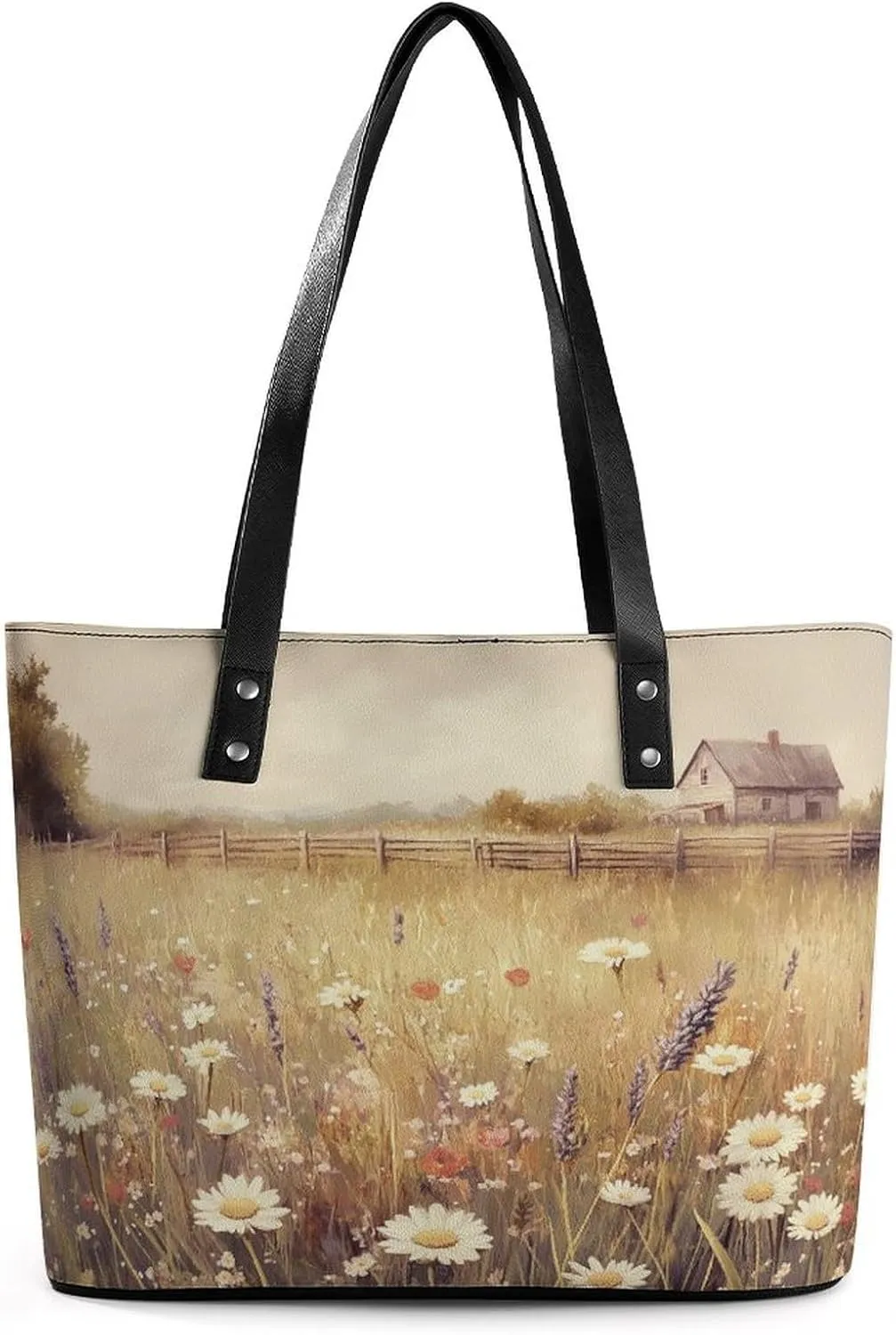 Spring Meadow Dirt Path Flowers Landscape Women Soft Leather Handbags Tote Purses Shoulder Bucket Bags