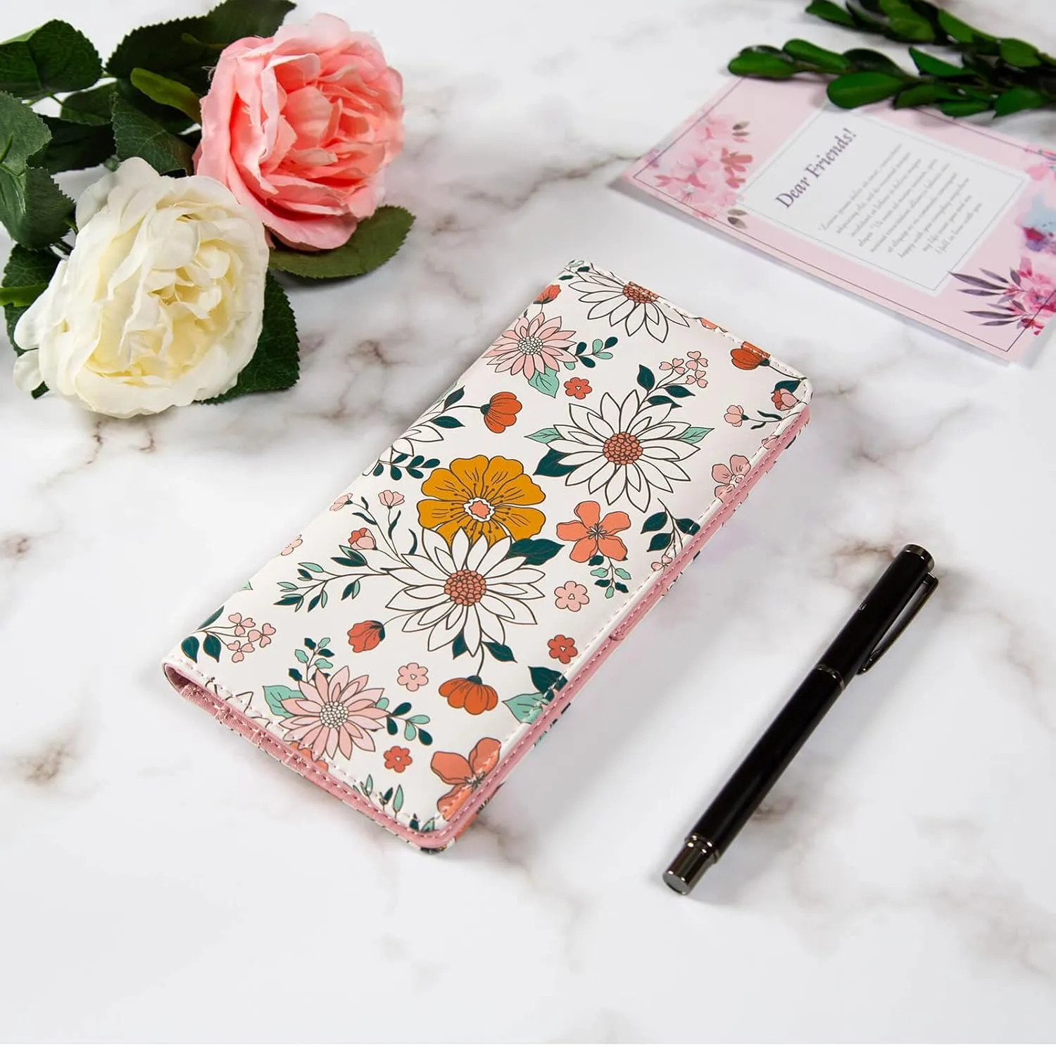 Ultra Slim Thin Leather Women Wallet Rfid Blocking Credit Card Holder Bifold Clutch (White Floral)