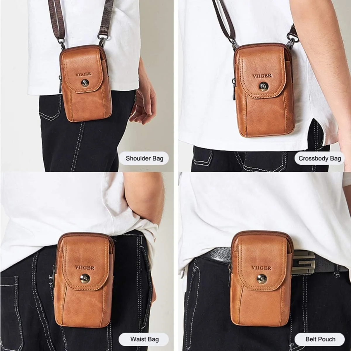 VIIGER Genuine Leather Cell Phone Holster Magnetic Cover Belt Clip Pouch Compatible for iPhone 16 Pro Max Case 15 Pro Max S25 Ultra with Belt Loop Crossbody Phone Purse Shoulder Bag for Women, Brown