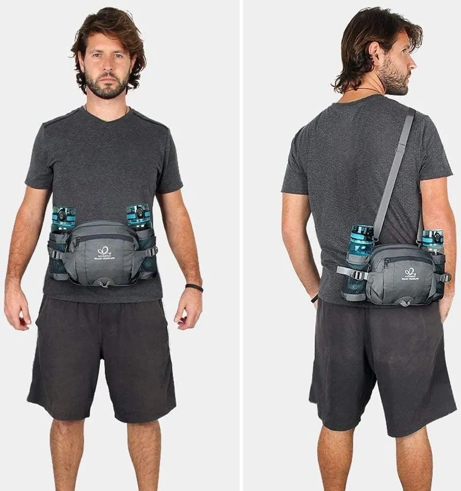 WATERFLY Fanny Pack Waist Bag: Fannie Pack 2 Water Bottle Holders Lumbar Belt Hiking Walking Running Jogging Camping Large Woman Man (Bottle Not Included
