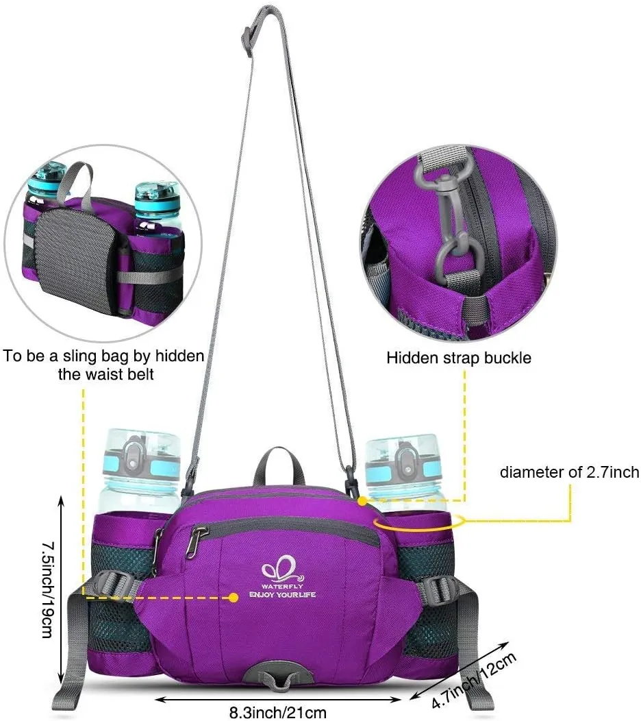 WATERFLY Fanny Pack Waist Bag: Fannie Pack 2 Water Bottle Holders Lumbar Belt Hiking Walking Running Jogging Camping Large Woman Man (Bottle Not Included