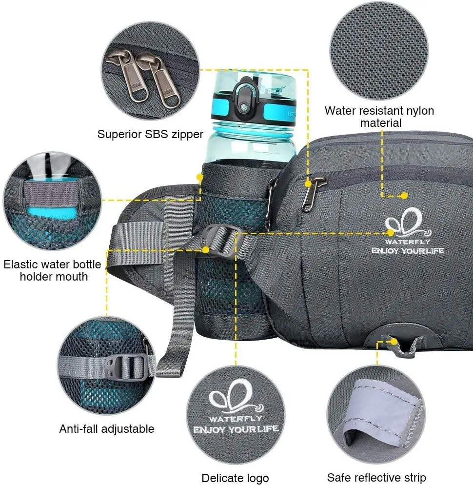 WATERFLY Fanny Pack Waist Bag: Fannie Pack 2 Water Bottle Holders Lumbar Belt Hiking Walking Running Jogging Camping Large Woman Man (Bottle Not Included
