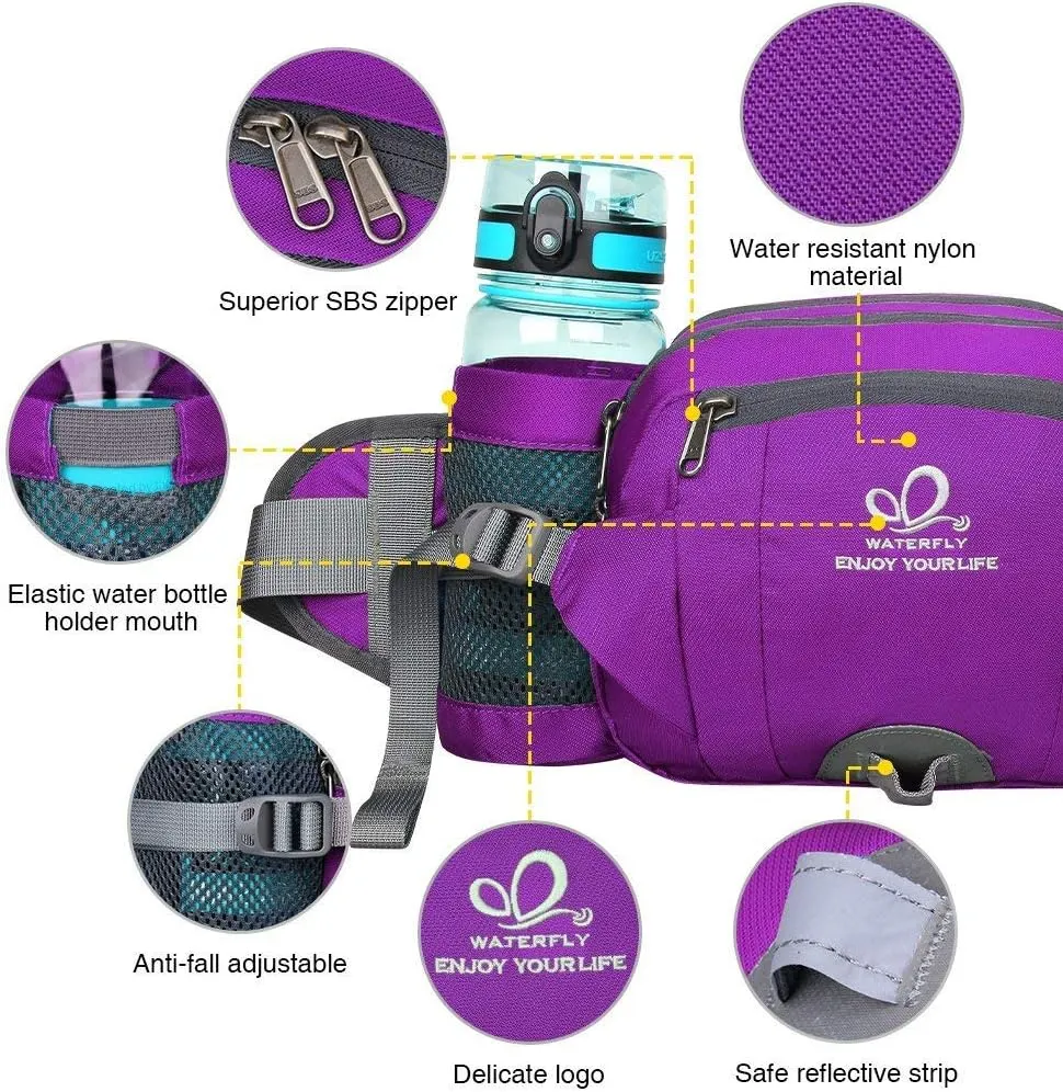 WATERFLY Fanny Pack Waist Bag: Fannie Pack 2 Water Bottle Holders Lumbar Belt Hiking Walking Running Jogging Camping Large Woman Man (Bottle Not Included
