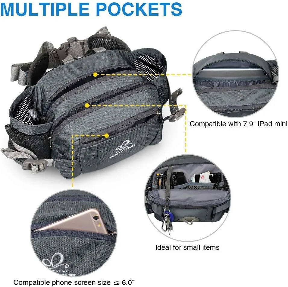 WATERFLY Fanny Pack Waist Bag: Fannie Pack 2 Water Bottle Holders Lumbar Belt Hiking Walking Running Jogging Camping Large Woman Man (Bottle Not Included