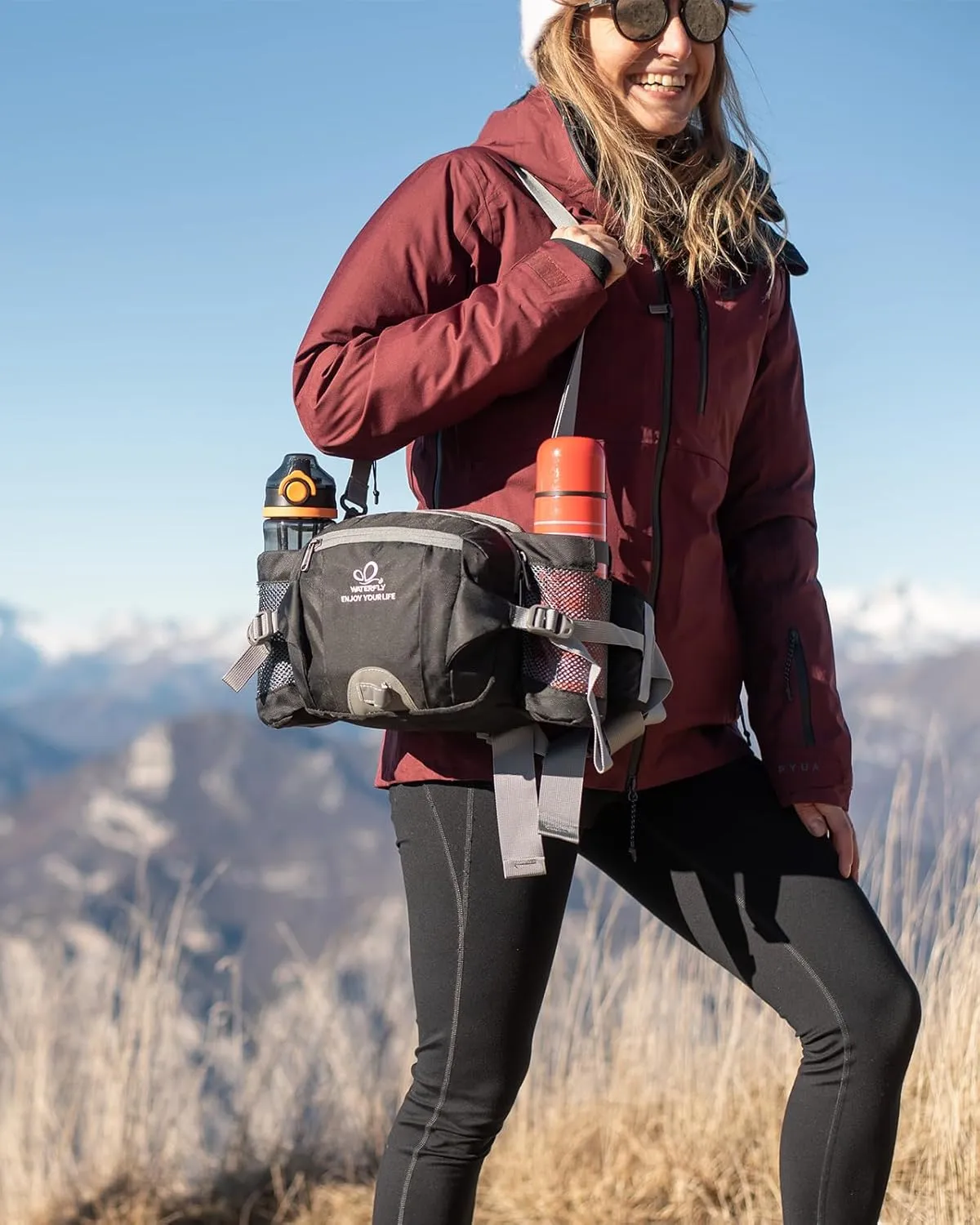 WATERFLY Fanny Pack Waist Bag: Fannie Pack 2 Water Bottle Holders Lumbar Belt Hiking Walking Running Jogging Camping Large Woman Man (Bottle Not Included