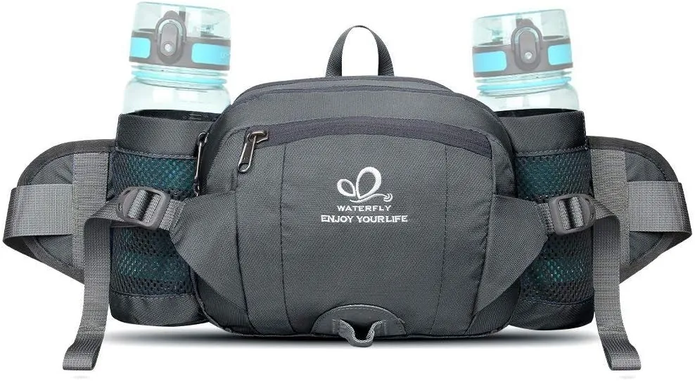 WATERFLY Fanny Pack Waist Bag: Fannie Pack 2 Water Bottle Holders Lumbar Belt Hiking Walking Running Jogging Camping Large Woman Man (Bottle Not Included