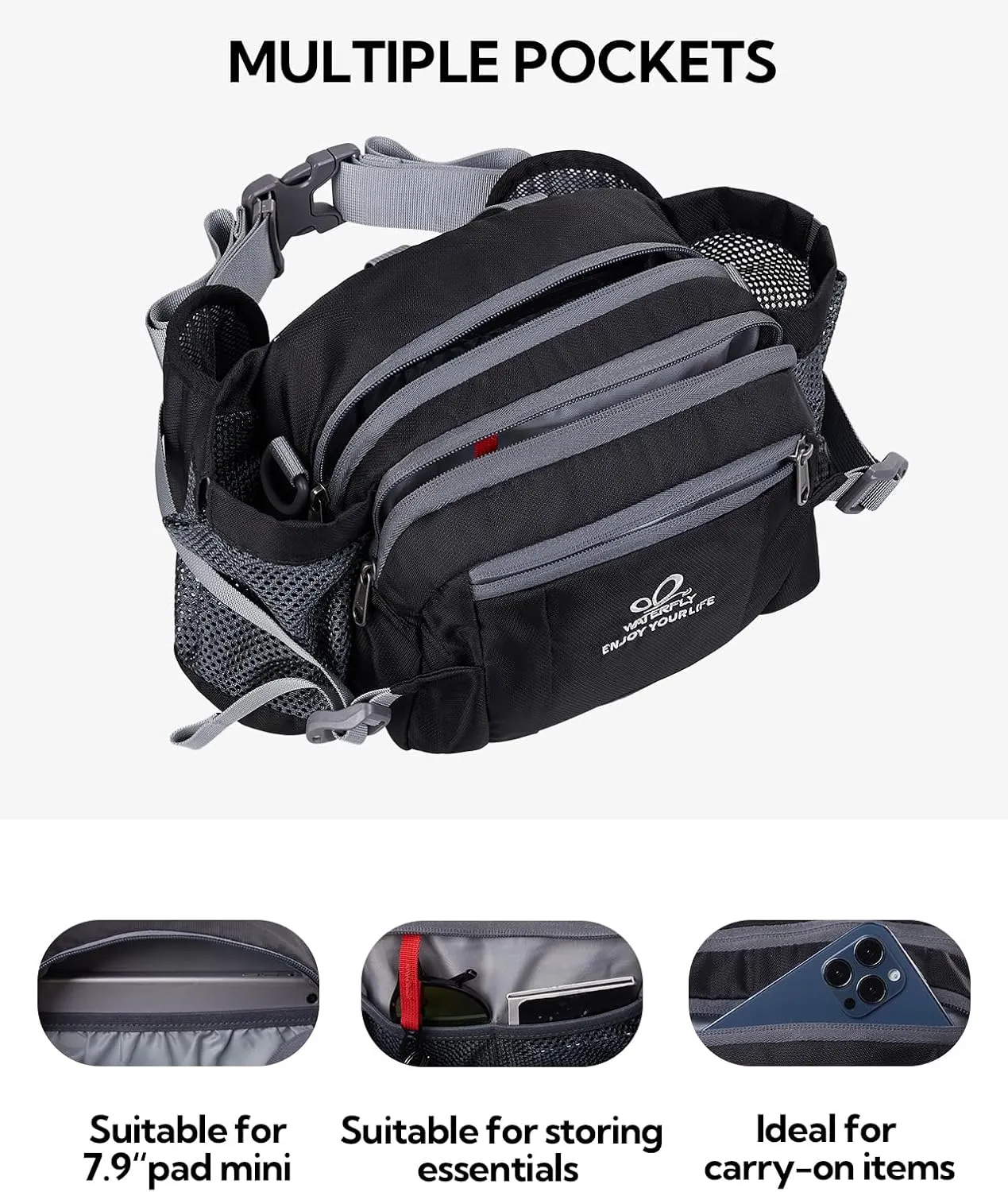 WATERFLY Fanny Pack Waist Bag: Fannie Pack 2 Water Bottle Holders Lumbar Belt Hiking Walking Running Jogging Camping Large Woman Man (Bottle Not Included