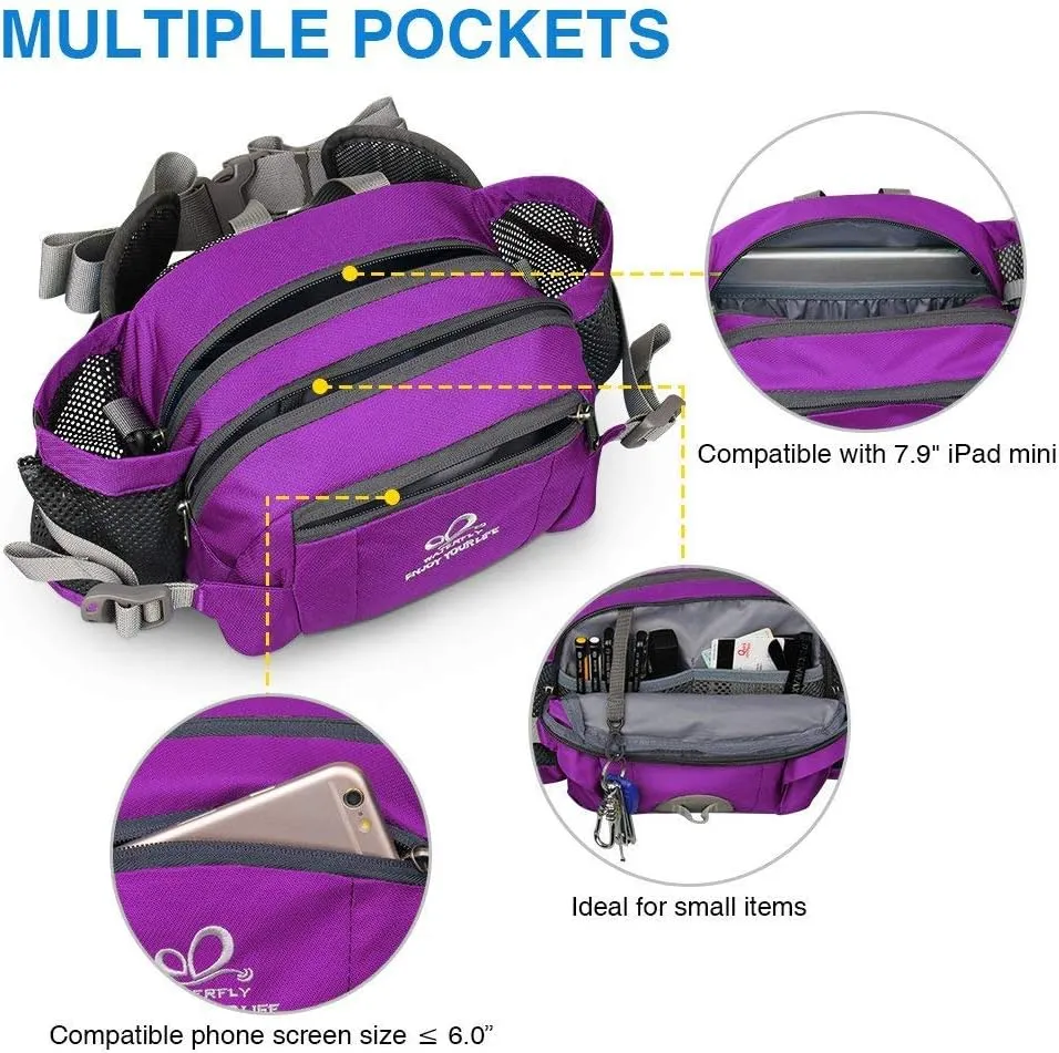 WATERFLY Fanny Pack Waist Bag: Fannie Pack 2 Water Bottle Holders Lumbar Belt Hiking Walking Running Jogging Camping Large Woman Man (Bottle Not Included